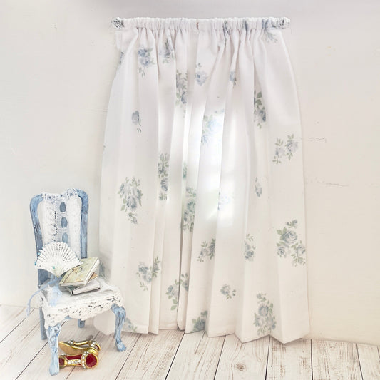 Chantallena Doll House Dollhouse Accessories CURTAINS - Shabby  Blue Clustered Roses 2 Panel Cotton Curtains | Blue Clustered | Soft Furnishings