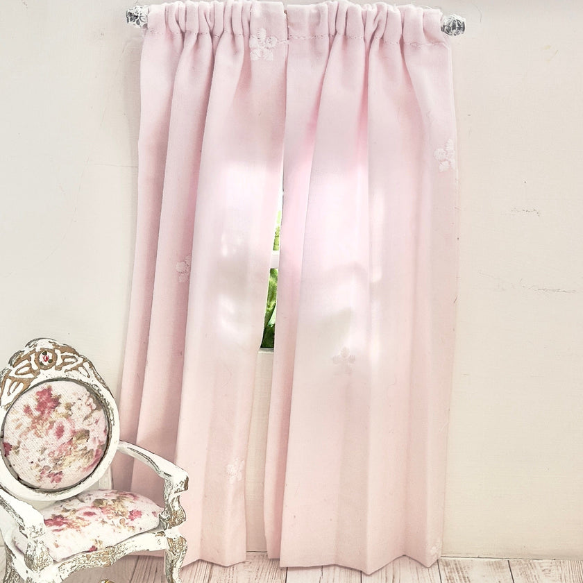 Chantallena Doll House Dollhouse Accessories CURTAINS - Shabby Pink with Scattered Embroidered Flower 2 Panel Cotton Curtains | Pink Embroidered Flowerl | Soft Furnishings