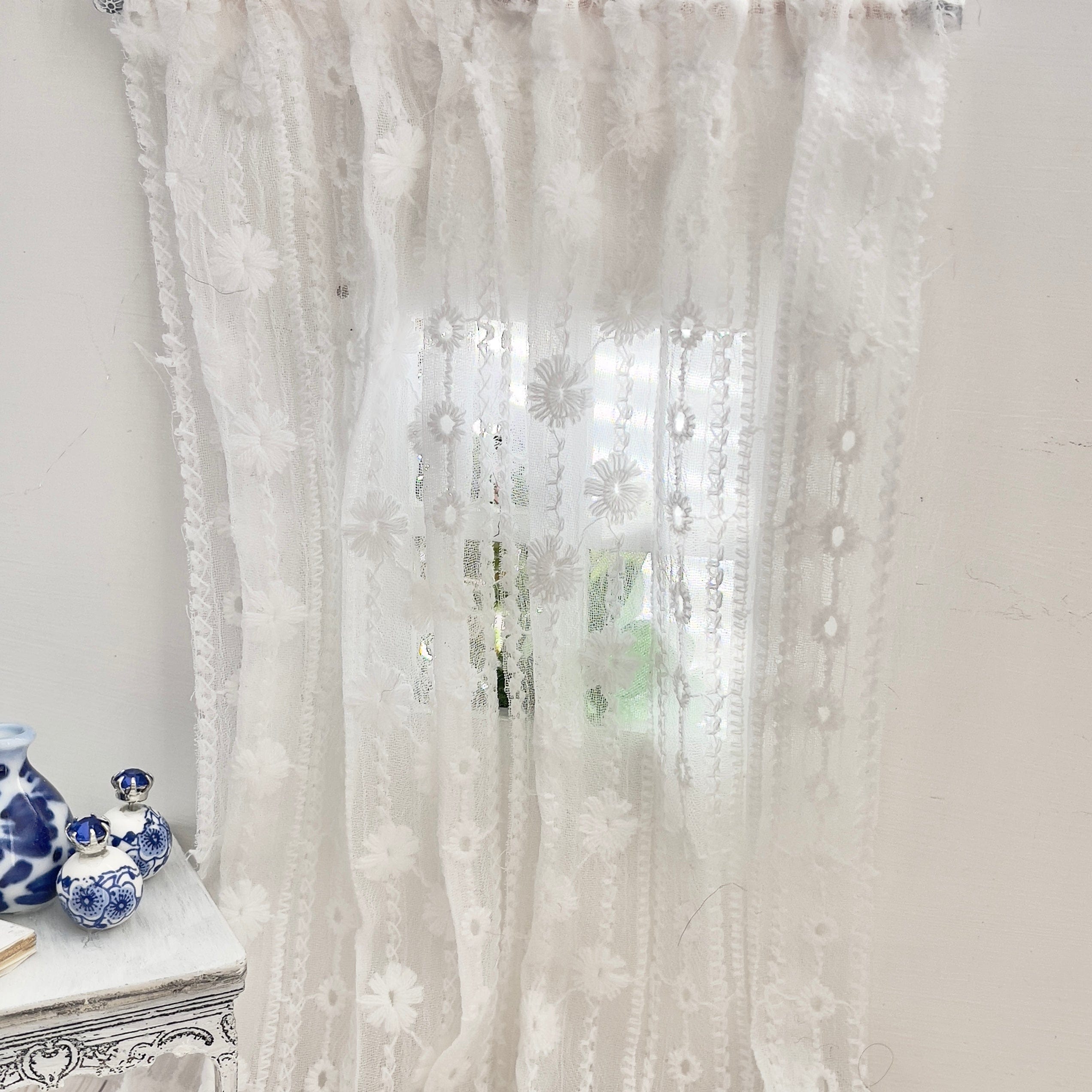 Chantallena Doll House Dollhouse Accessories CURTAINS- White Lace Embroidered 2 Panel Cotton Curtains | White Embroidered Lace | Soft Furnishings