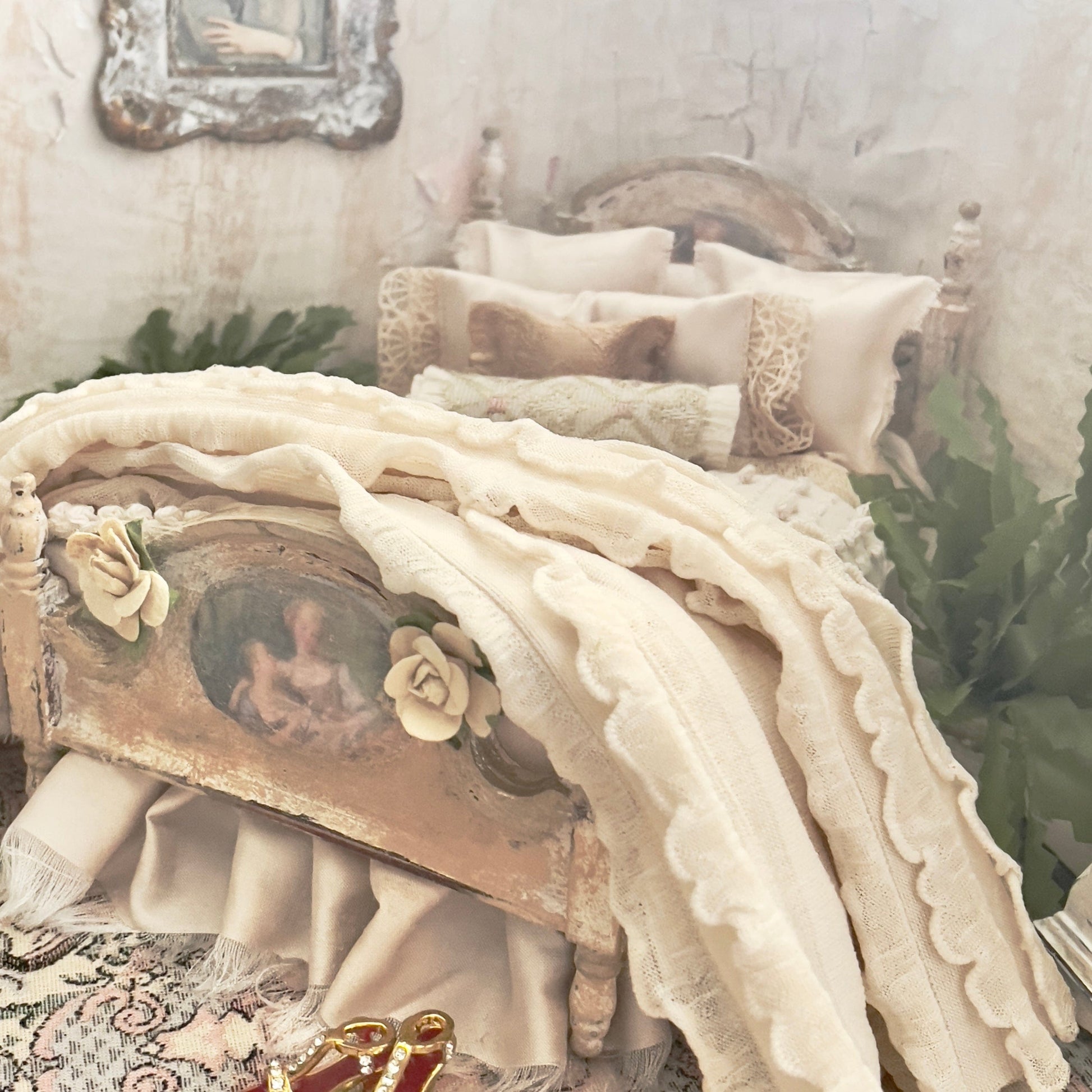 Chantallena Doll House Dressed Bed | Decoupage Vintage Inspired Silk| Silk Rococo Ladies