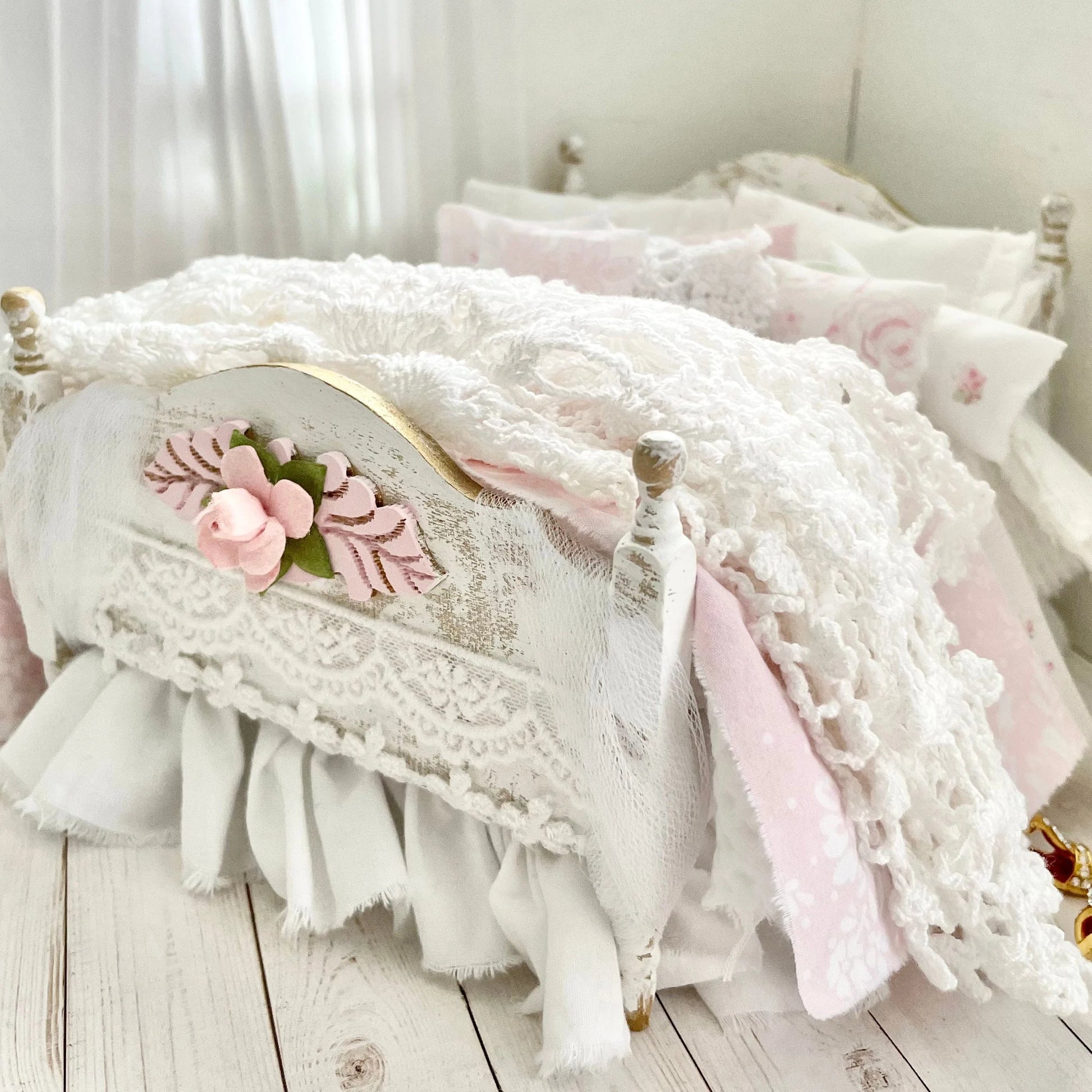 Chantallena Doll House Dressed Bed | Fifteen Piece White Cotton with Grand Pink Roses, Lace Accents, Ruffled Knit Throw | Grand Roses