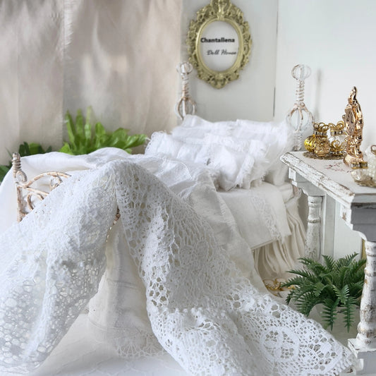 Chantallena Doll House Dressed Bed | Fifteen Piece White Cotton with Grand Pink Roses, Lace Accents, Ruffled Knit Throw | Grand Roses
