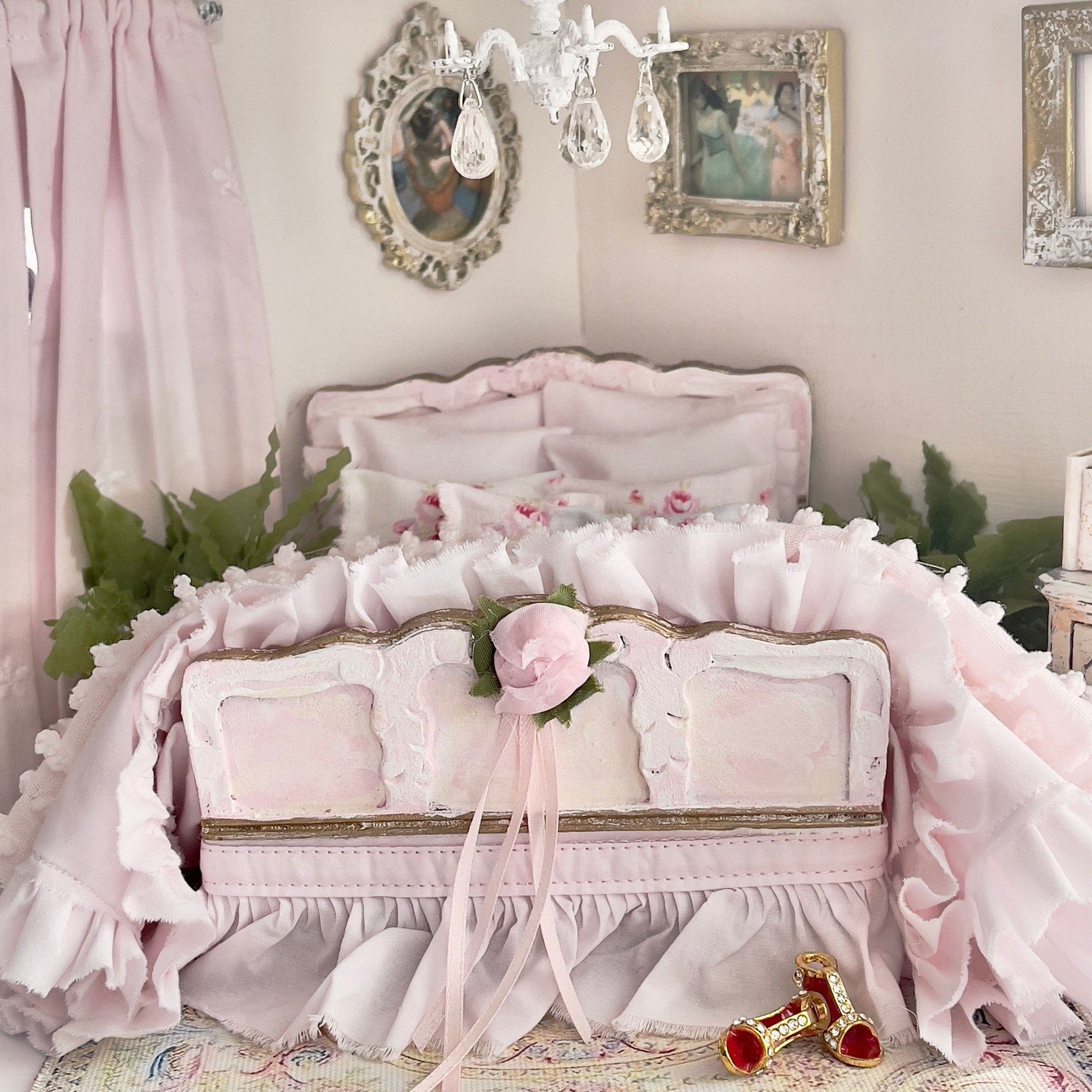 Chantallena Doll House Dressed Bed |Shabby Pink Floral Cotton with Distressed Pink Ruffle Throw,   | Lizza