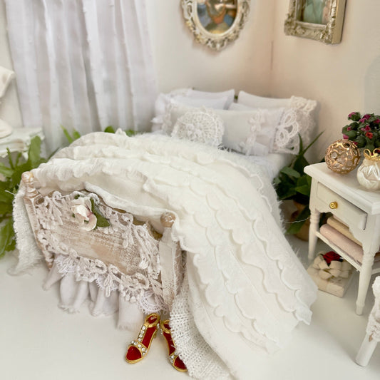 Chantallena Doll House Dressed Bed | White Cotton with Blue Cluster Roses, Stripes, Lace Accents, Ruffled Knit Throw | Something Blueoses
