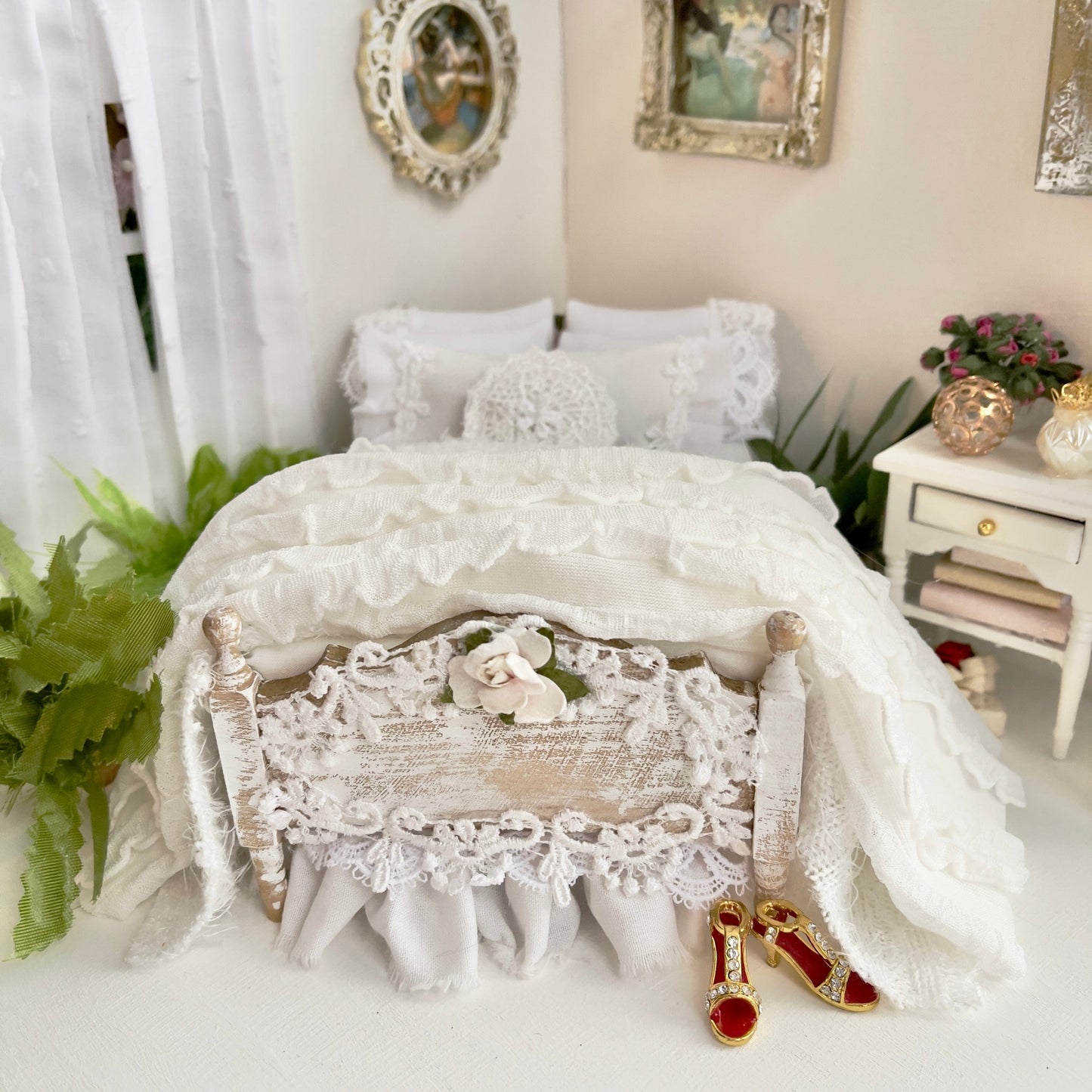 Chantallena Doll House Dressed Bed | White Cotton with Blue Cluster Roses, Stripes, Lace Accents, Ruffled Knit Throw | Something Blueoses