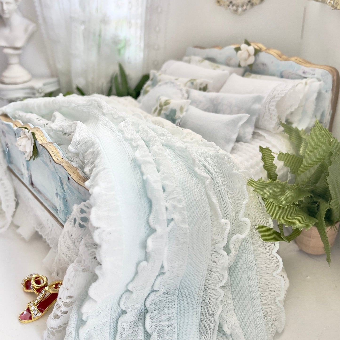 Chantallena Doll House Dressed Bed |  White Shabby Cotton with Pale Blue Ruffled Throw, Lace Throw and Assorted Pillows | Jeremy