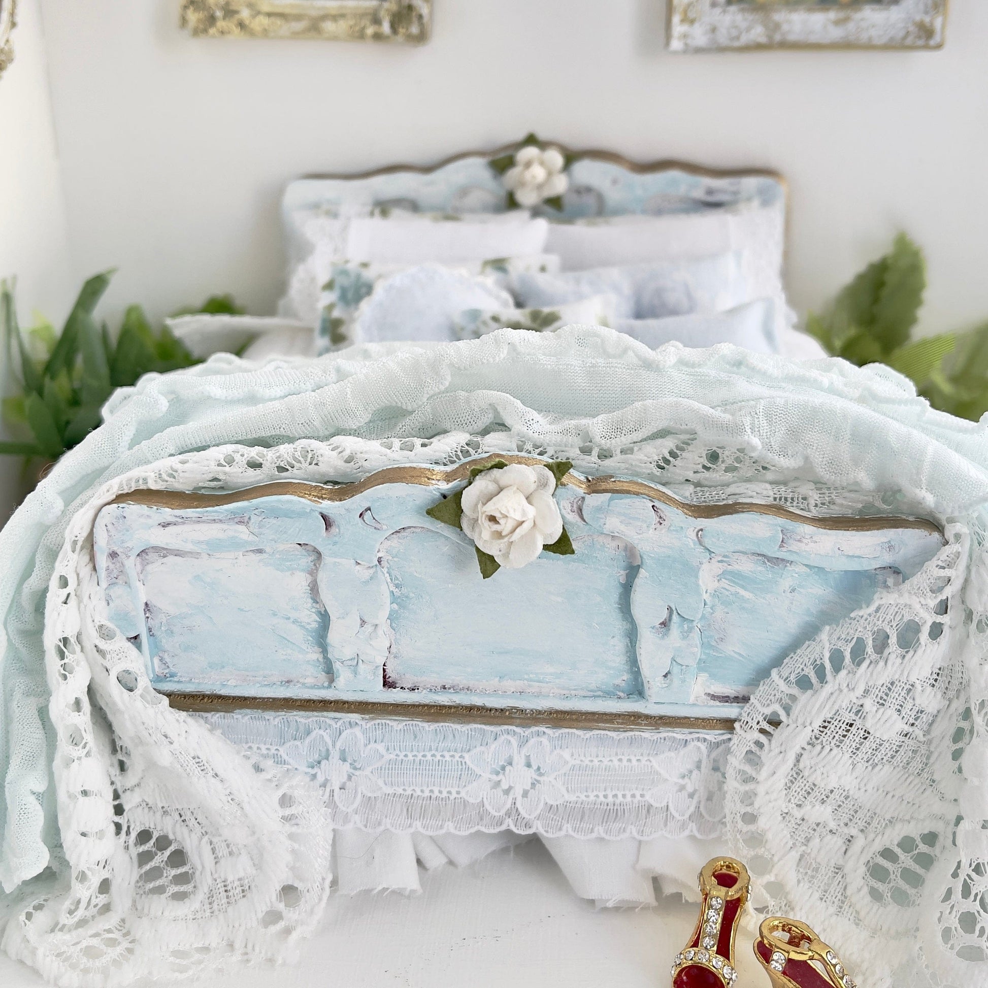 Chantallena Doll House Dressed Bed |  White Shabby Cotton with Pale Blue Ruffled Throw, Lace Throw and Assorted Pillows | Jeremy