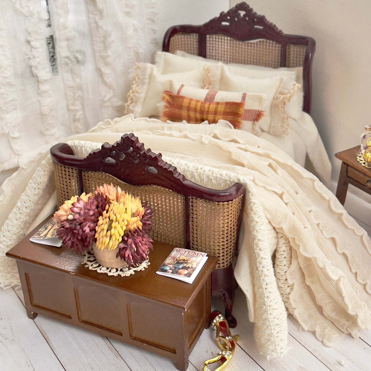 Chantallena Doll House Duvet Covers double Home for the Holidays- Autumn Eight Piece Tan Cotton Muslin Bedding Set with Ruffled Throw | Autumn Romance