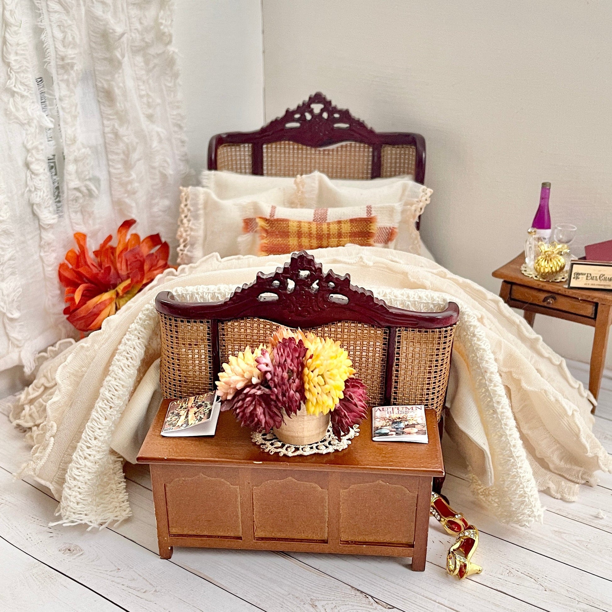 Chantallena Doll House Duvet Covers Home for the Holidays- Autumn Eight Piece Tan Cotton Muslin Bedding Set with Ruffled Throw | Autumn Romance