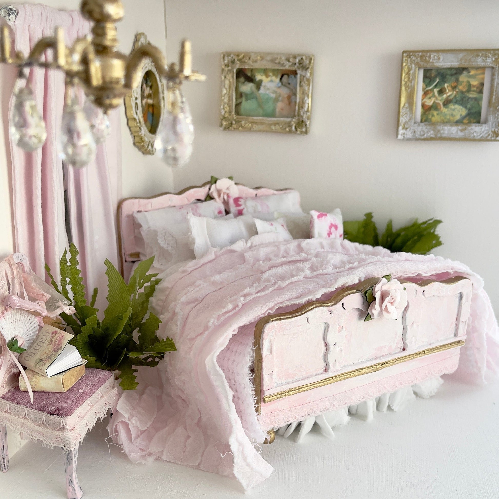 Chantallena Doll House Fix Dressed Bed | Pink Roses and Petite Plaids | Muriel