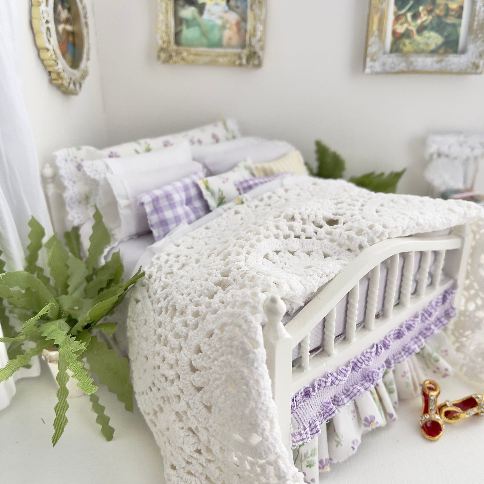 Chantallena Doll House Fix Dressed Bed | White Cotton with Lavender Pink Stripes and Roses, Crochet Knit Throw | Tara
