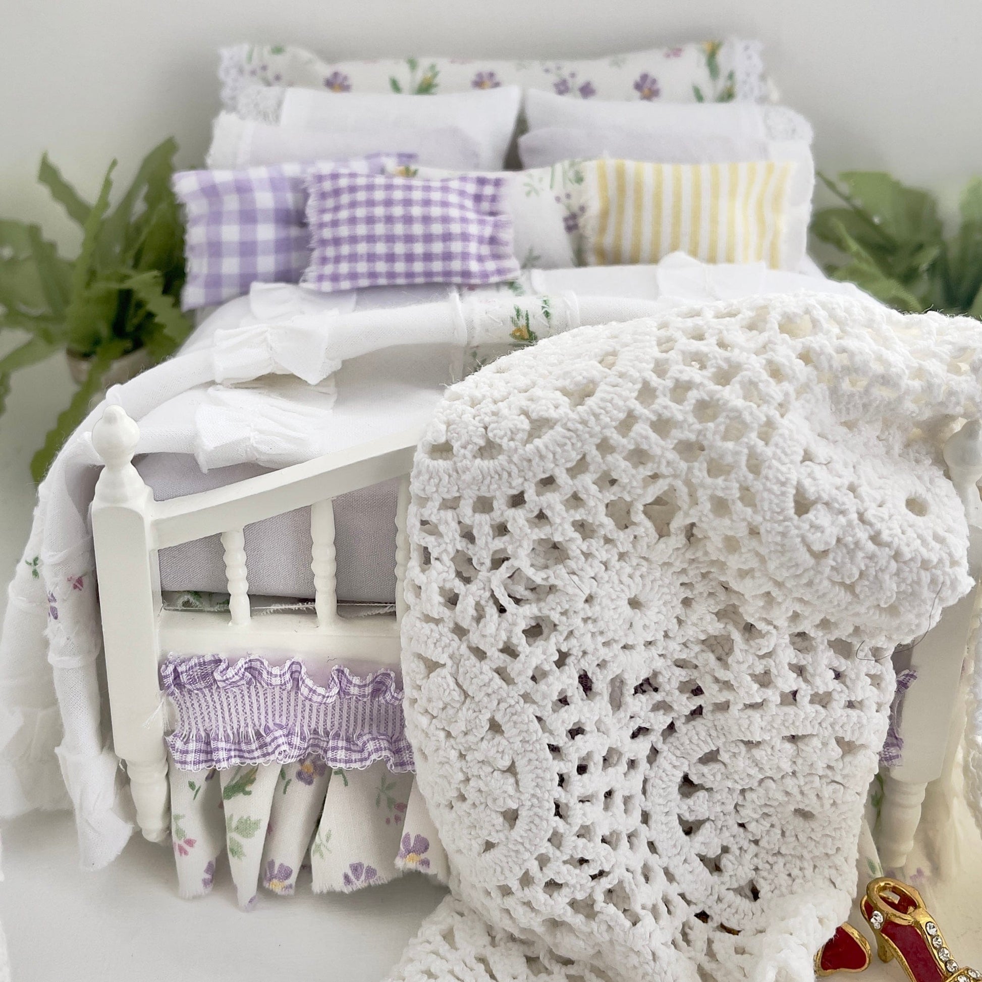 Chantallena Doll House Fix Dressed Bed | White Cotton with Lavender Pink Stripes and Roses, Crochet Knit Throw | Tara