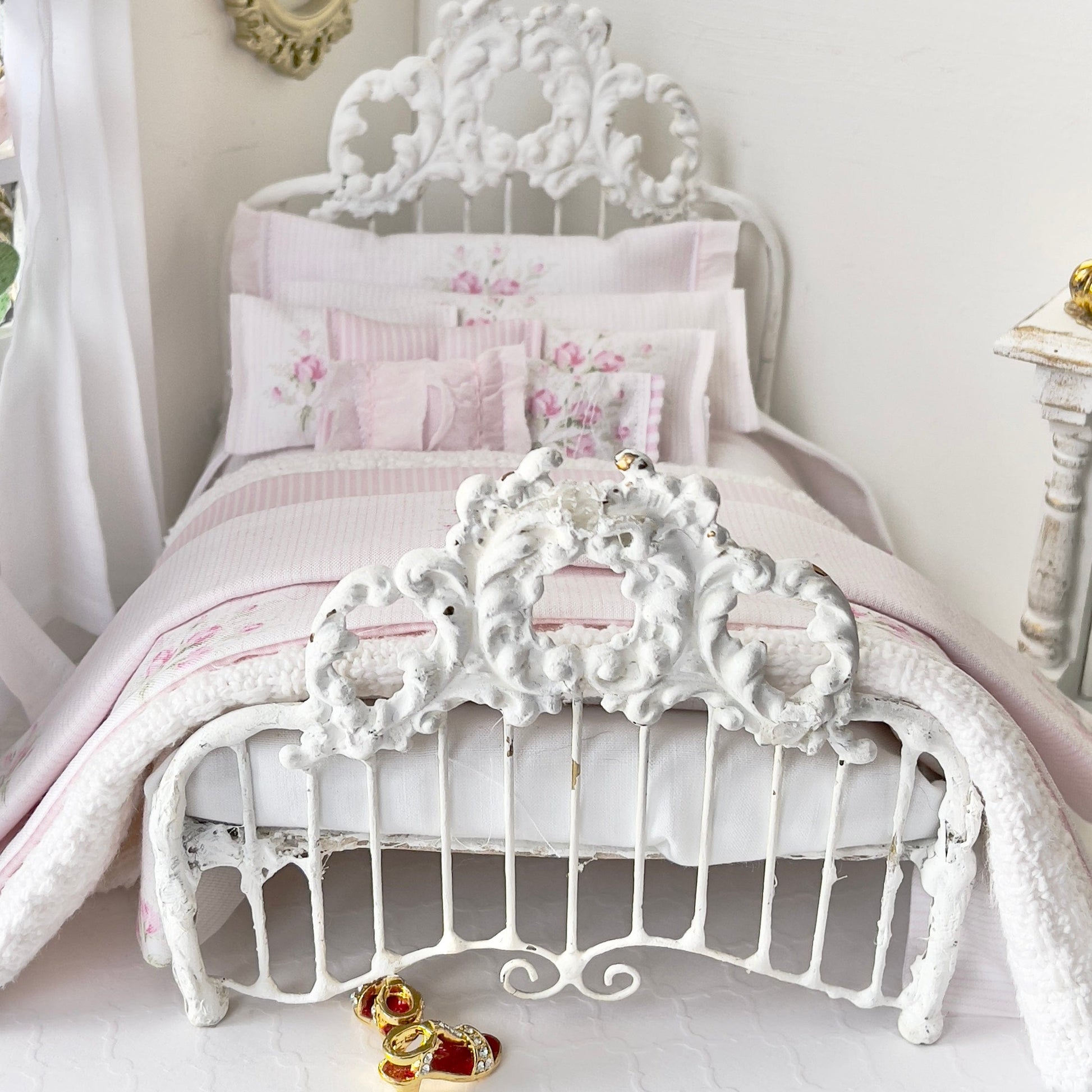 Chantallena Doll House Shabby Cottage | Eight Piece Blue and Pink Floral Bedding Set | Brooke