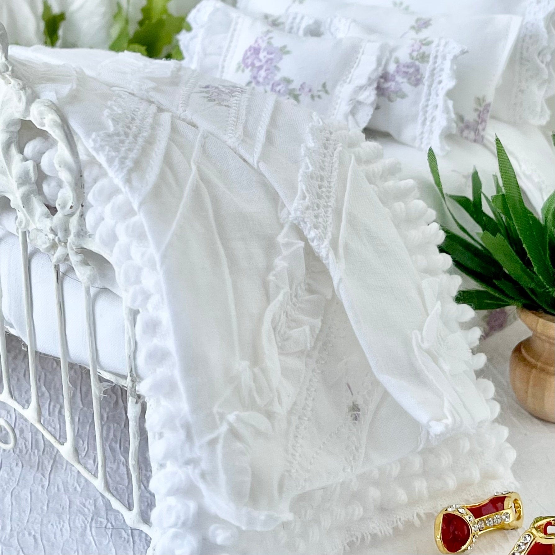 Chantallena Doll House Shabby Cottage - Eight Piece Lavender & Lilac Floral Cotton Bedding Set