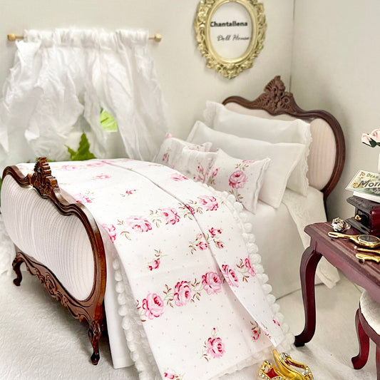 Chantallena Doll House Shabby Cottage - Eight Piece Shabby White Cotton Bedding Set with Pink Rose Trellis Bed Runner