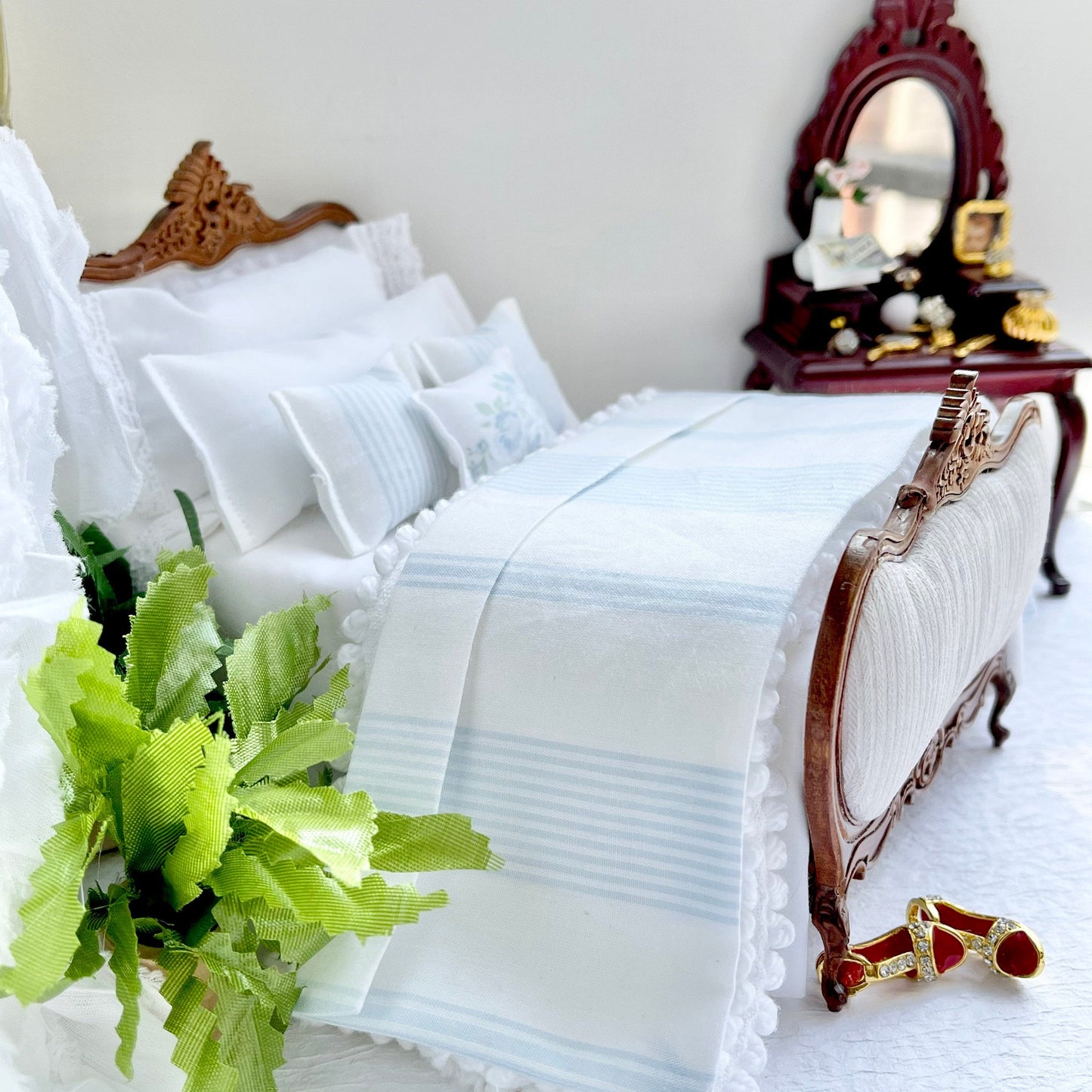 Chantallena Doll House Shabby Cottage -  Eight Piece White Cotton Bedding Set with Blue Striped Bed Runner