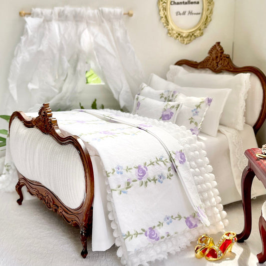 Chantallena Doll House Shabby Cottage - Eight Piece White Cotton Bedding Set with Lavender Rose Trellis Bed Runner