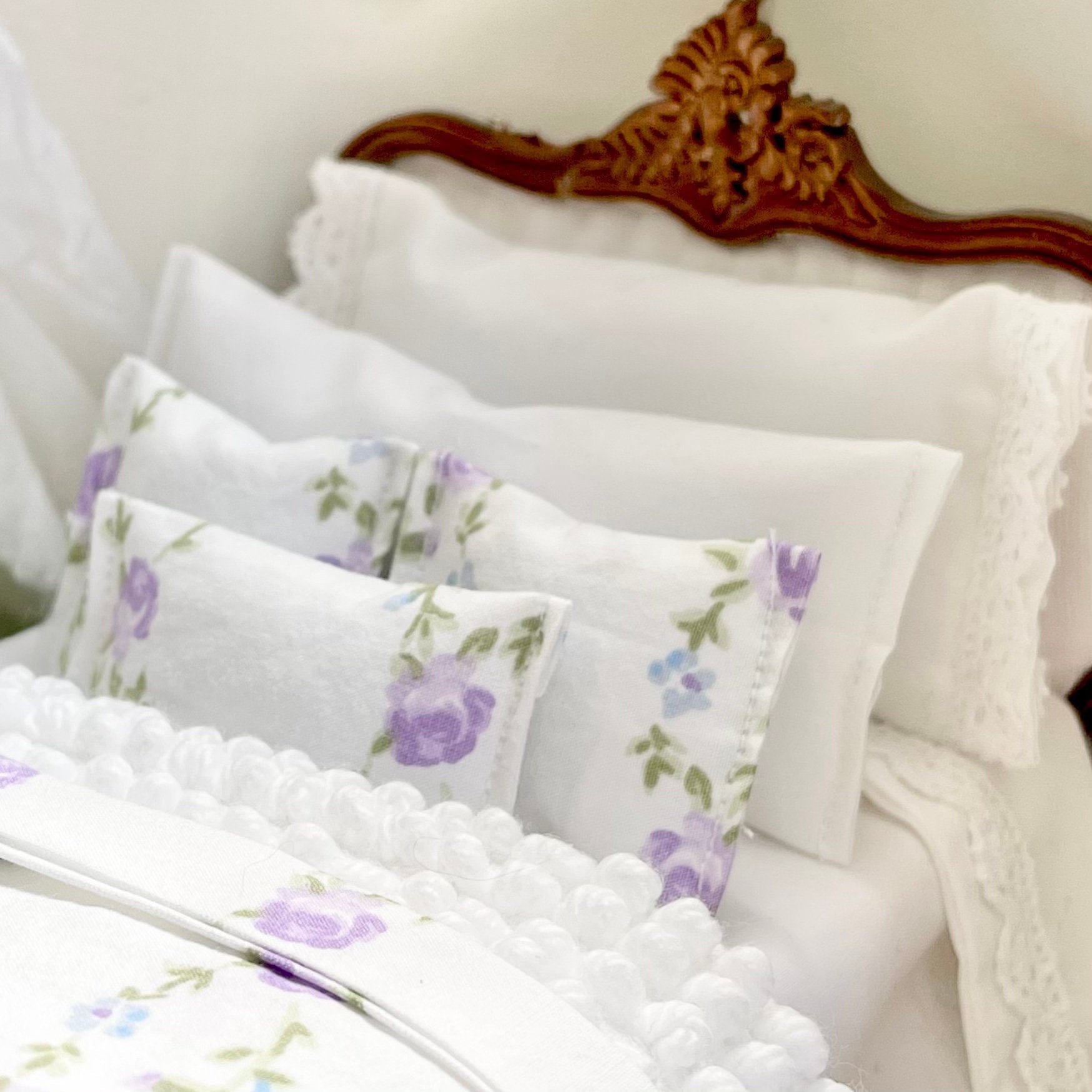 Chantallena Doll House Shabby Cottage - Eight Piece White Cotton Bedding Set with Lavender Rose Trellis Bed Runner