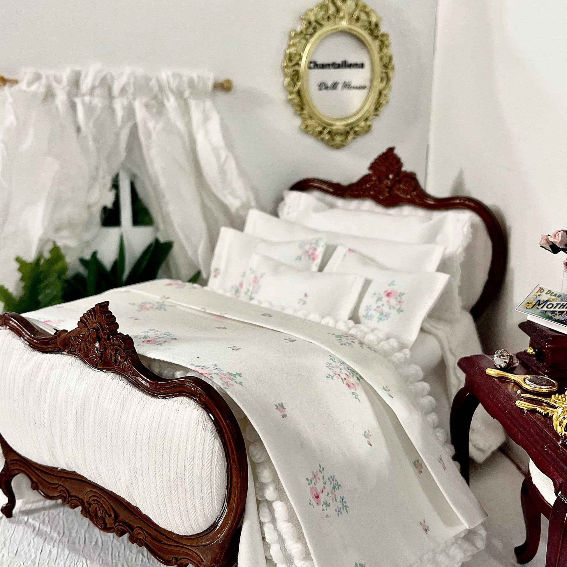 Chantallena Doll House Shabby Cottage -  Eight Piece White Cotton Bedding Set with Petite Blue & Pink Roses Bed Runner