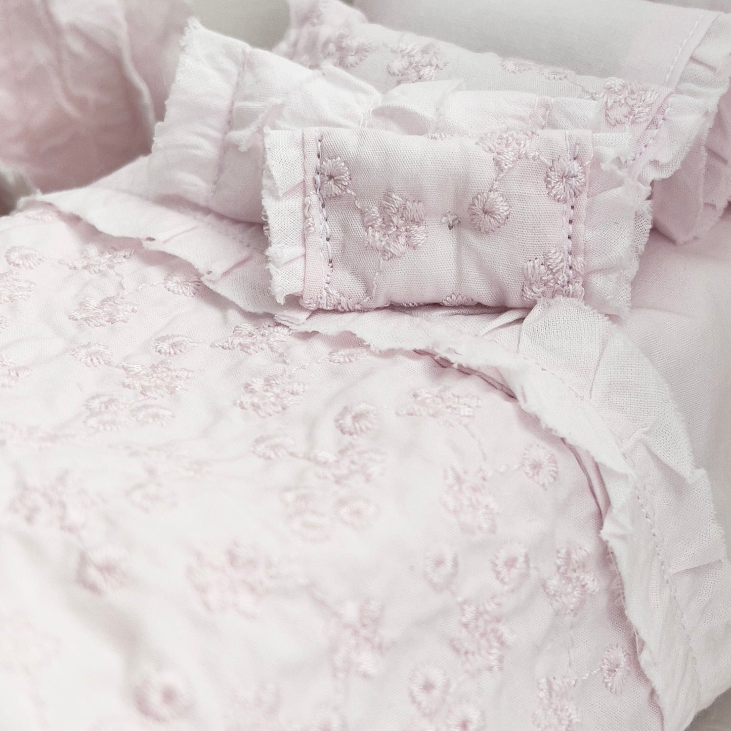 Chantallena Doll House Shabby Cottage |  Four Piece Pink Cotton Embroidered Bedding Set | Pink Embroidered