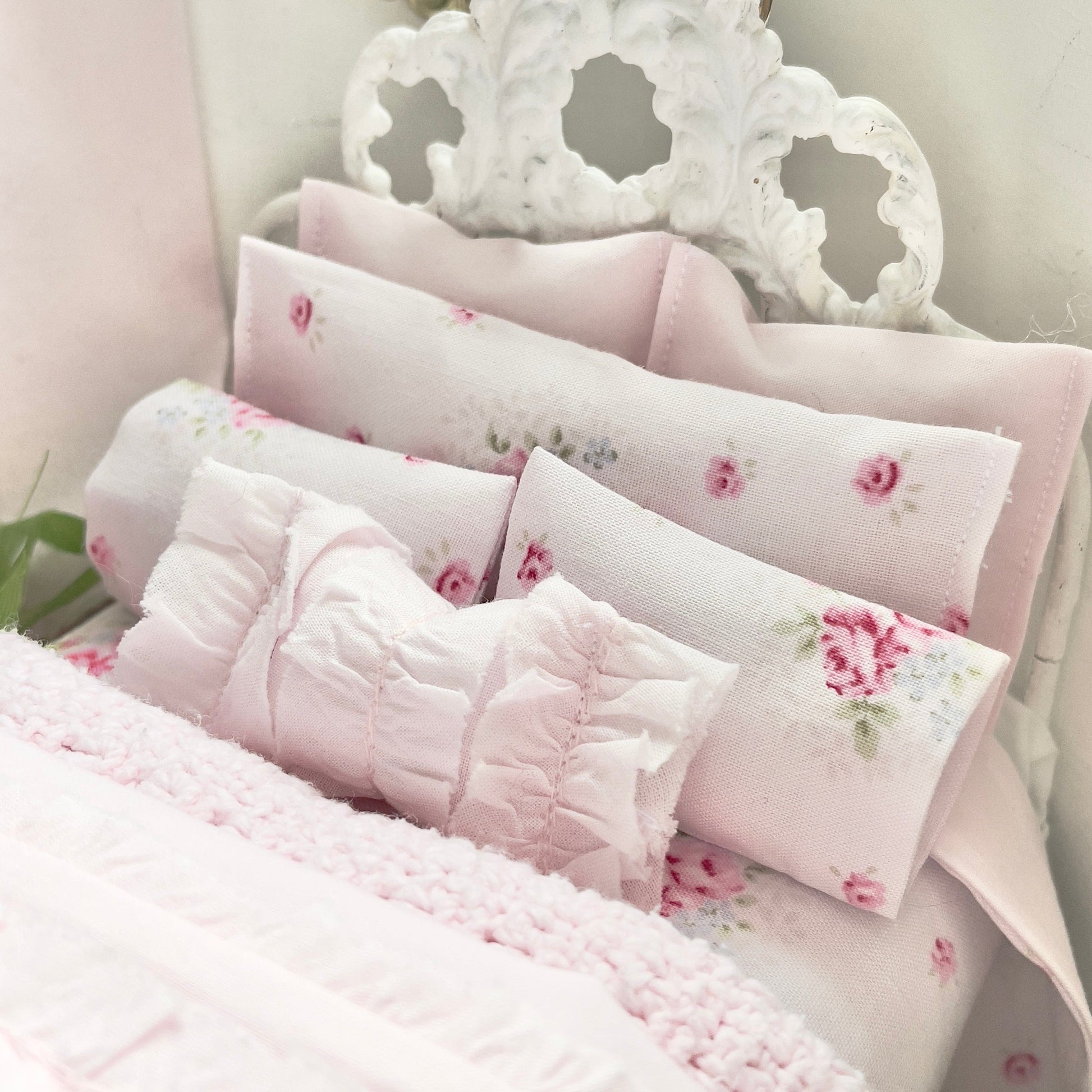 Chantallena Doll House Shabby Cottage |  Four Piece Pink Cotton Embroidered Bedding Set | Pink Embroidered