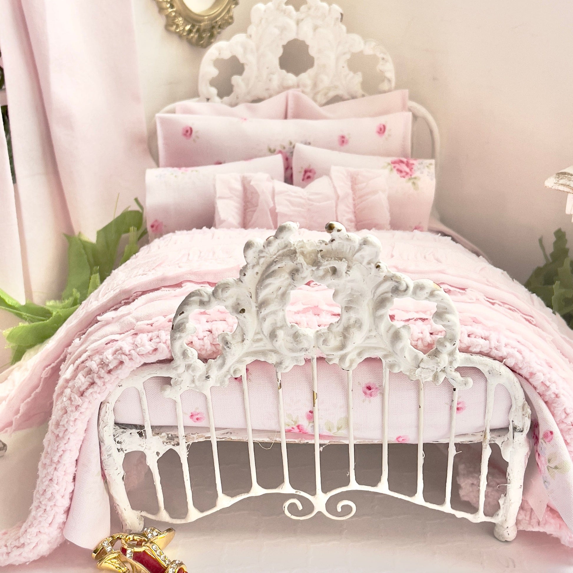 Chantallena Doll House Shabby Cottage |  Four Piece Pink Cotton Embroidered Bedding Set | Pink Embroidered