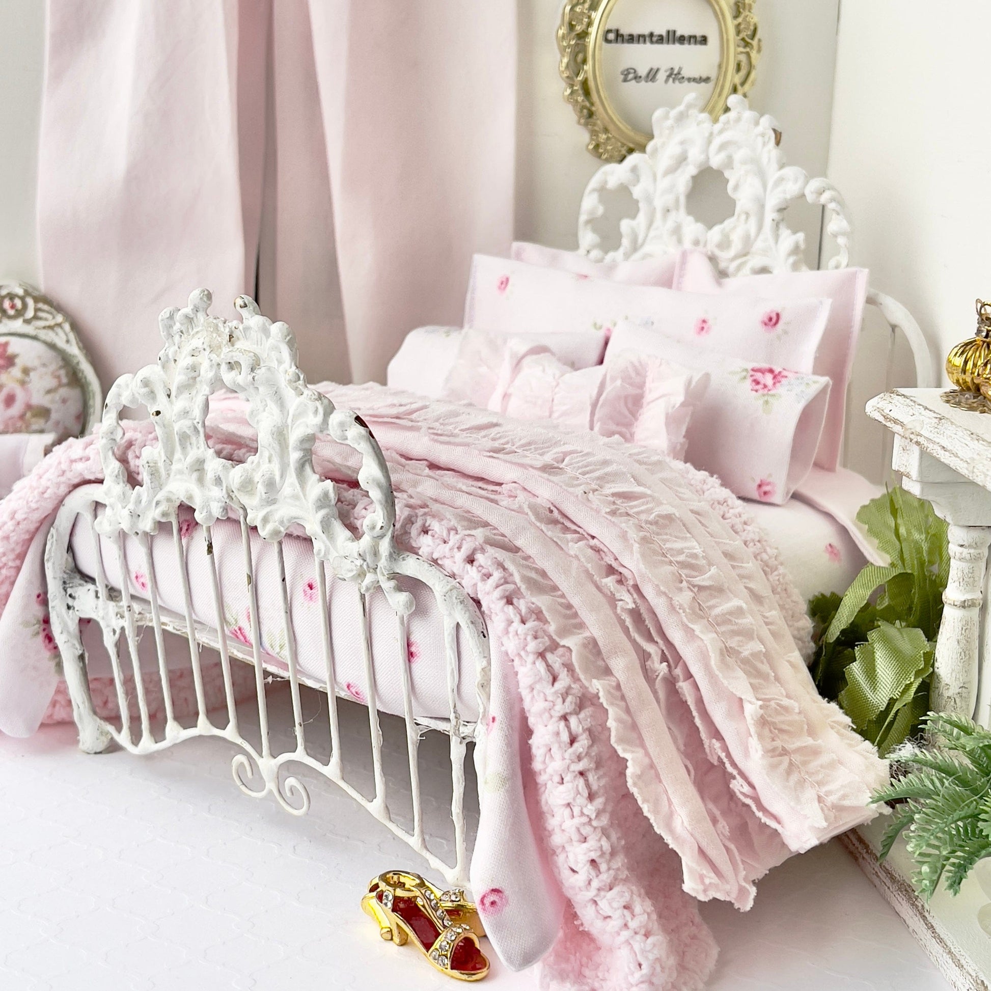 Chantallena Doll House Shabby Cottage |  Four Piece Pink Cotton Embroidered Bedding Set | Pink Embroidered