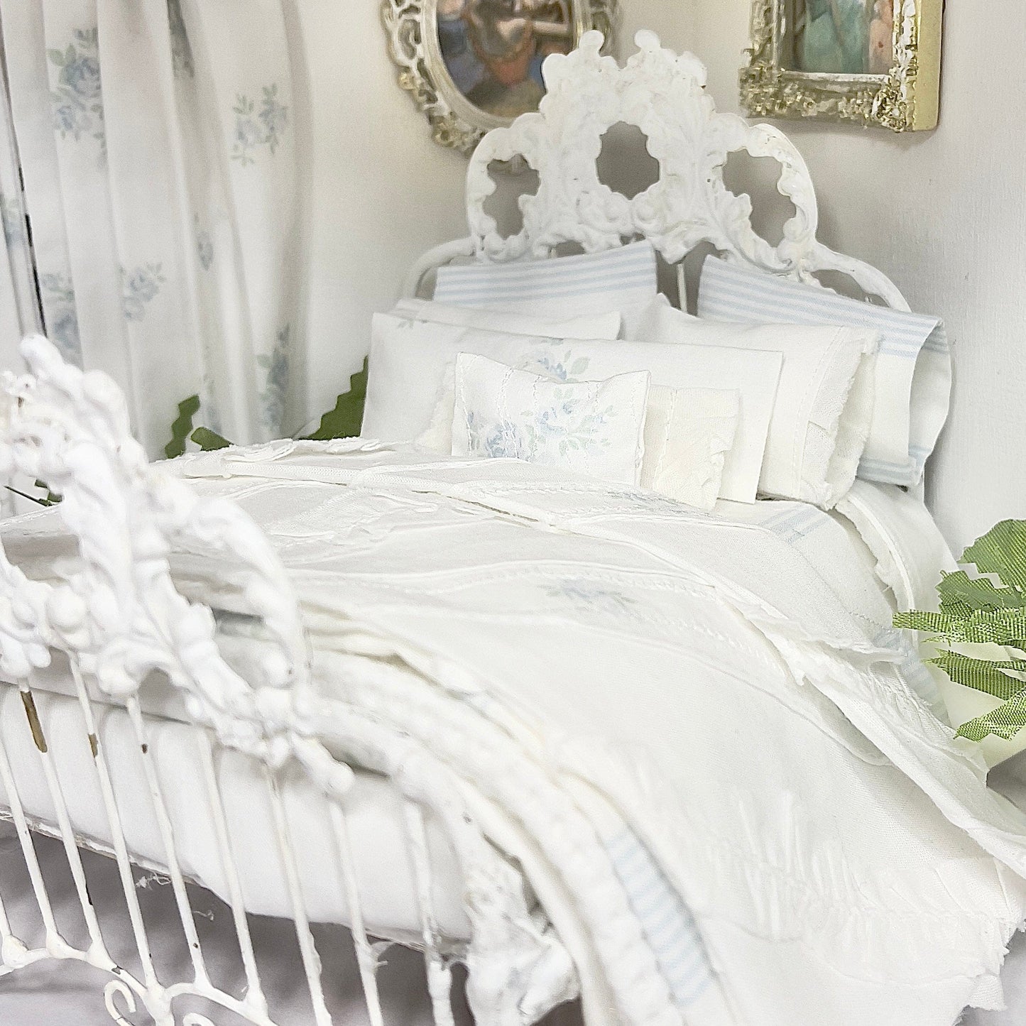 Chantallena Doll House Shabby Cottage | Pale Blue Roses & Stripes on White Cotton | Renata