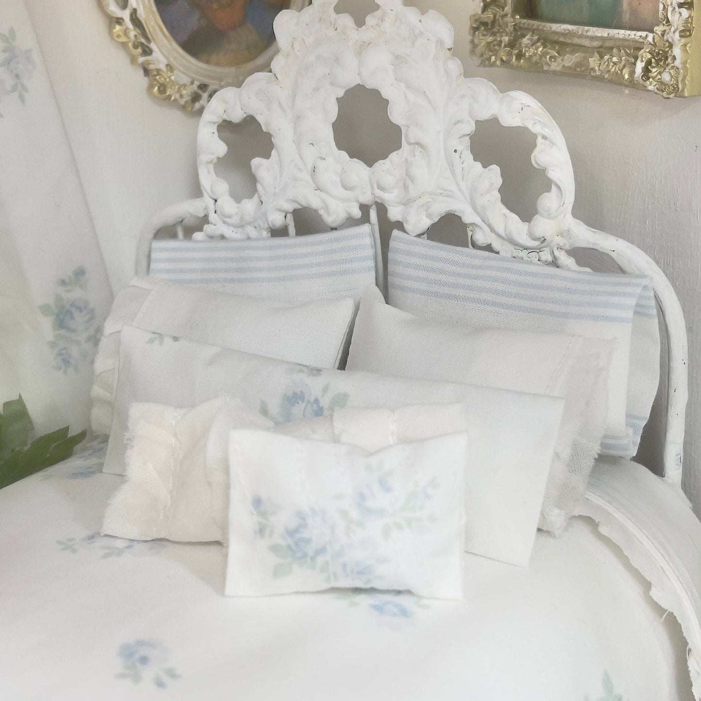 Chantallena Doll House Shabby Cottage | Pale Blue Roses & Stripes on White Cotton | Renata