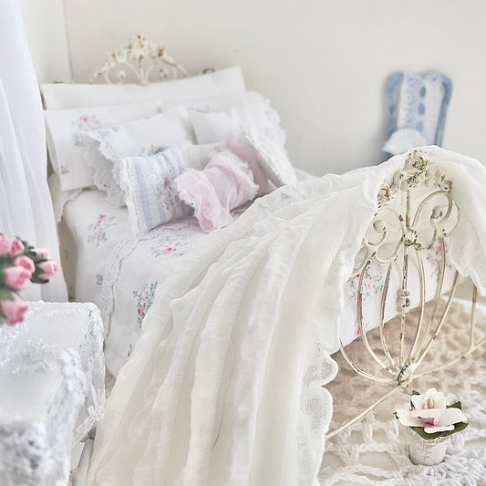 Chantallena Doll House Shabby Cottage | Twelve Piece Blue and Pink Floral Bedding Set | Brooke