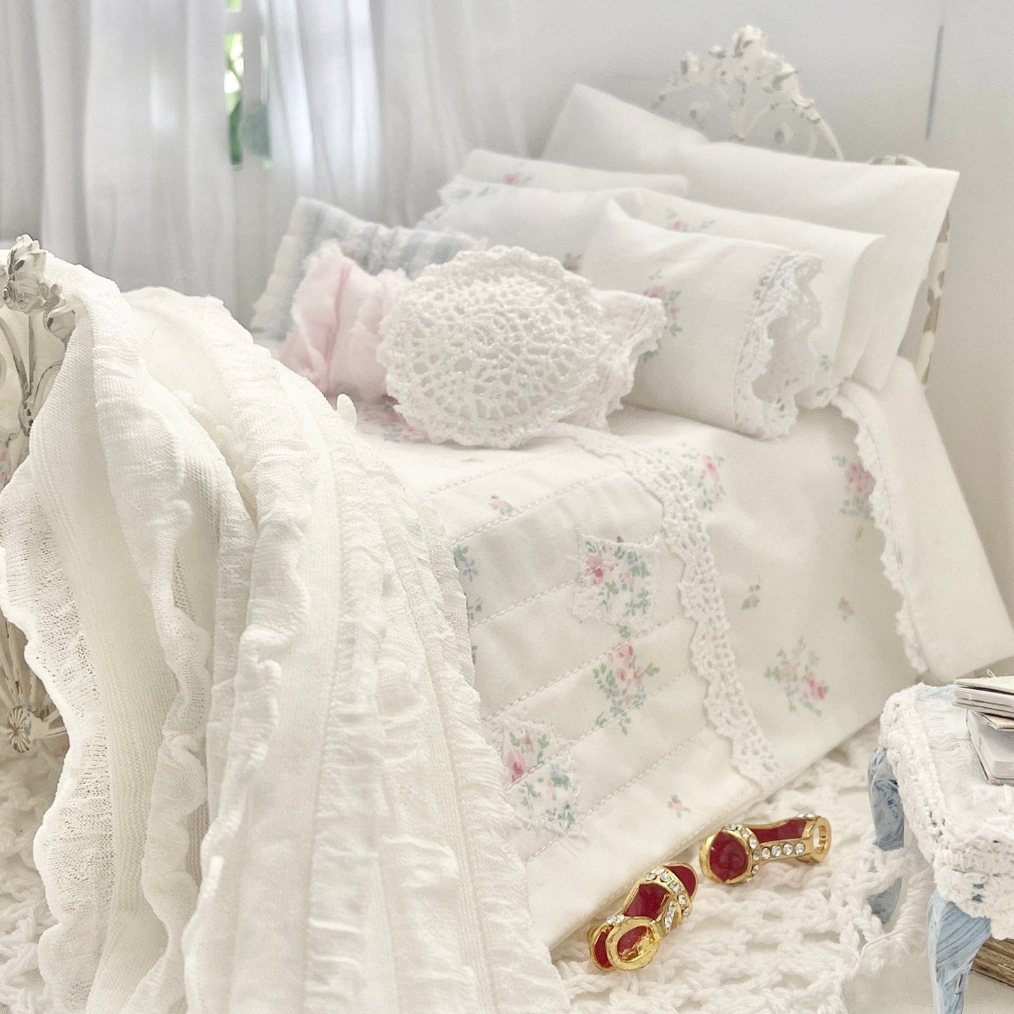 Chantallena Doll House Shabby Cottage | Twelve Piece Blue and Pink Floral Bedding Set | Brooke
