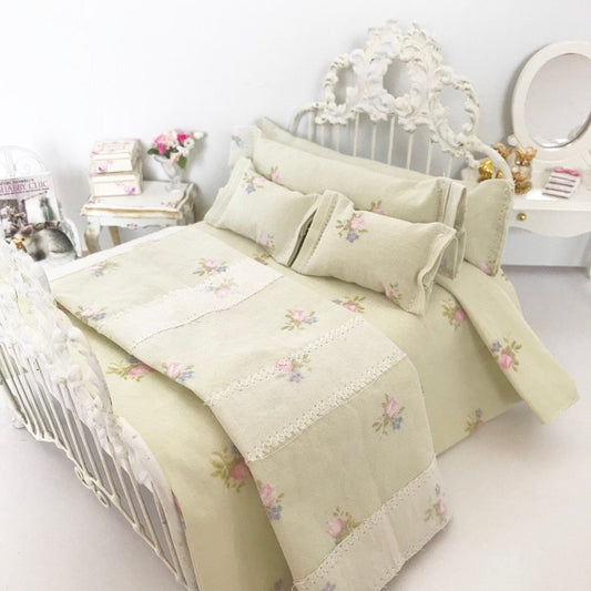 Chantallena Doll House Shabby Dollhouse Bedding Set, 7 Piece Pale Green Cotton with Pink Petite Roses Bedding Set for 1:12 Scale Miniature Dollhouse by Chantallena