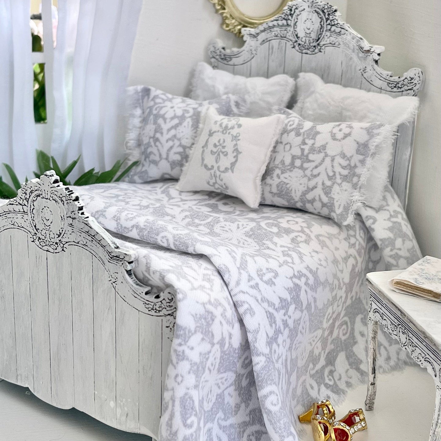 Chantallena Doll House Single Bedding Set Country Weekend | Grey Cotton Bedding Set with White Lace Trim| Blue Country Meadow