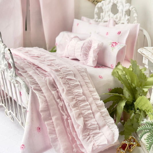Chantallena Doll House Single Bedding Shabby Cottage |  Four Piece Pink Cotton Embroidered Bedding Set | Pink Embroidered