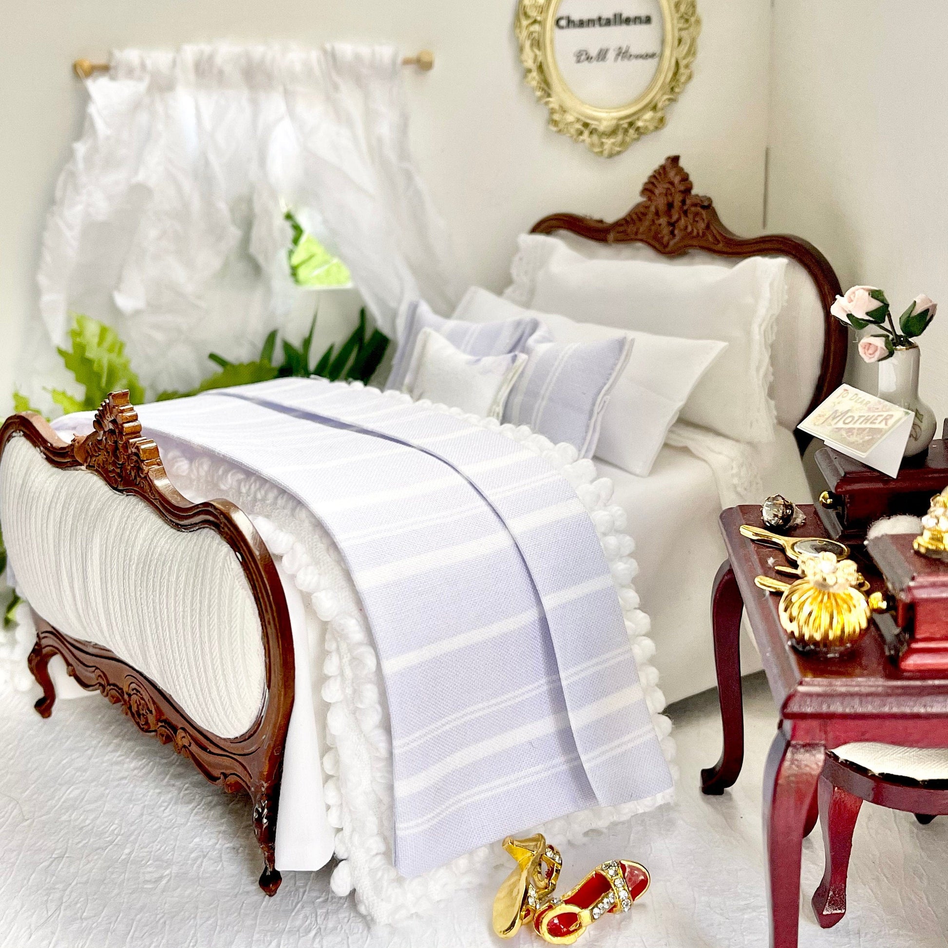 Chantallena Doll House single Shabby Cottage - Eight Piece Shabby White Cotton Bedding Set with Lavender Striped Bed Runner