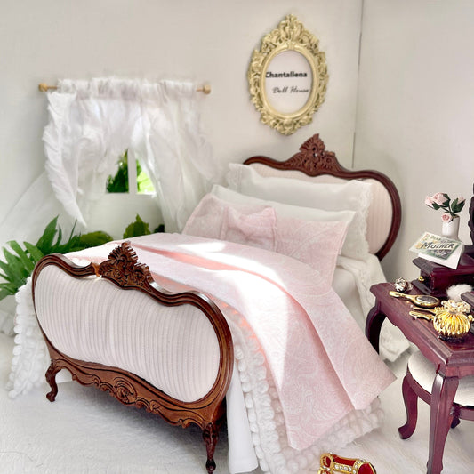 Chantallena Doll House single Shabby Cottage -  Eight Piece Shabby White Cotton Bedding Set with Pink Scroll Bed Runner