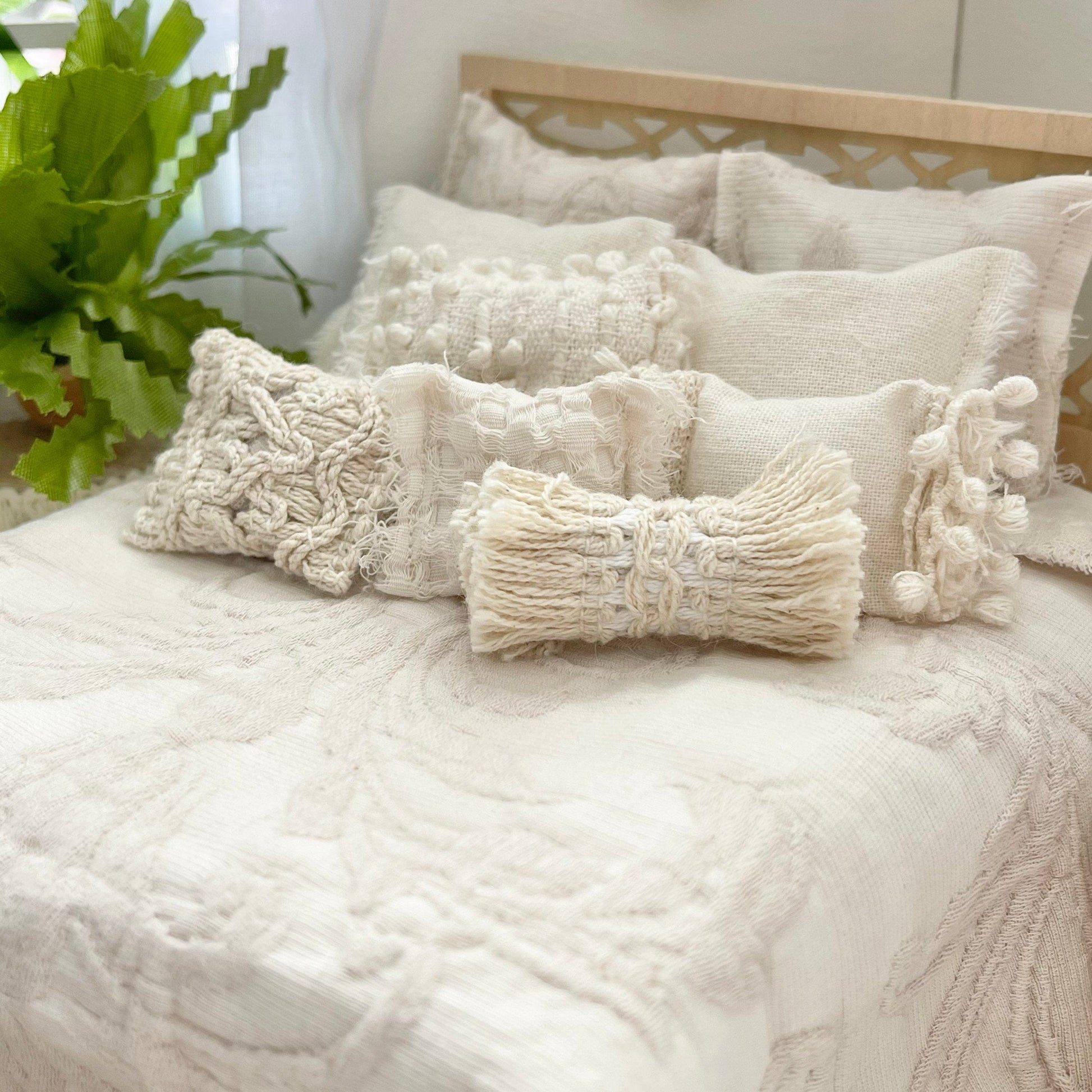 Chantallena Doll House Wanderlust Textured Taupe & Cream Embroidered Frayed Cotton Bedding Set 1:12 Scale
