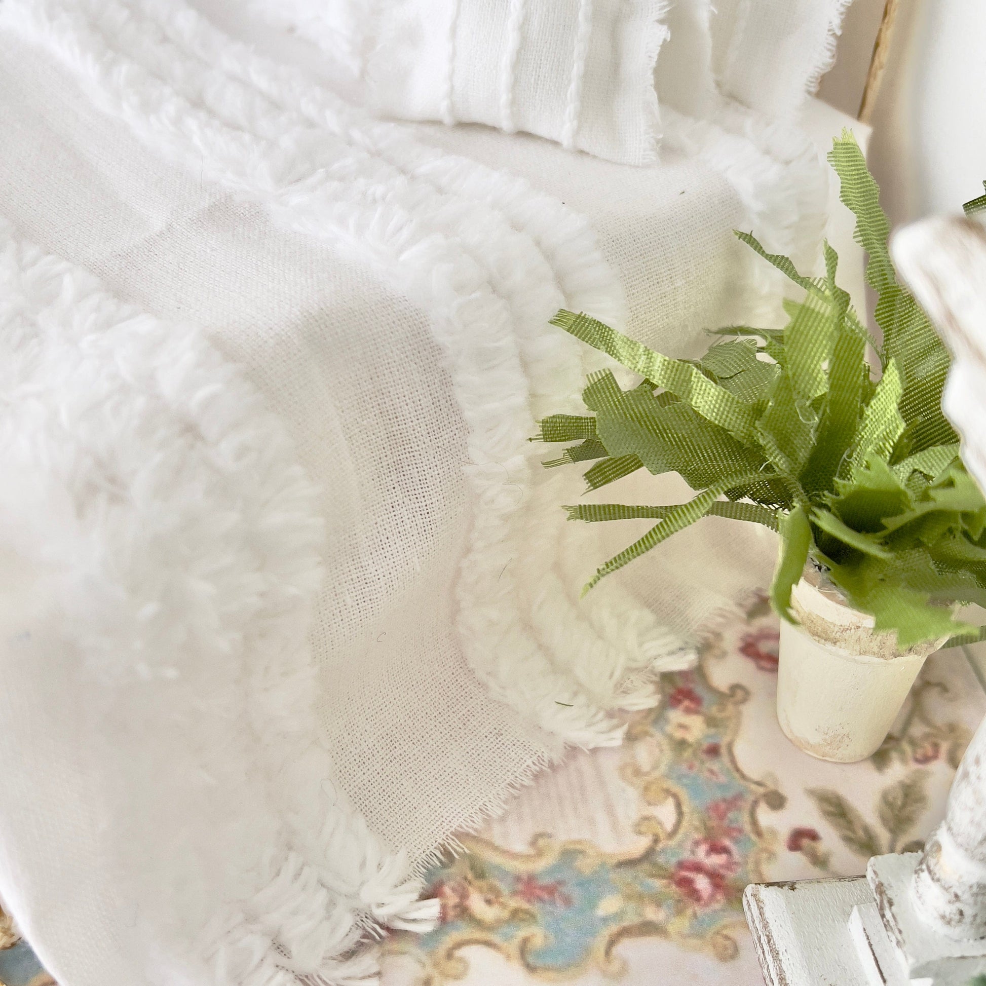 Chantallena Dollhouse Accessories Tattered Romance | Hand Frayed Soft White Cotton Chenille Set | Juliet