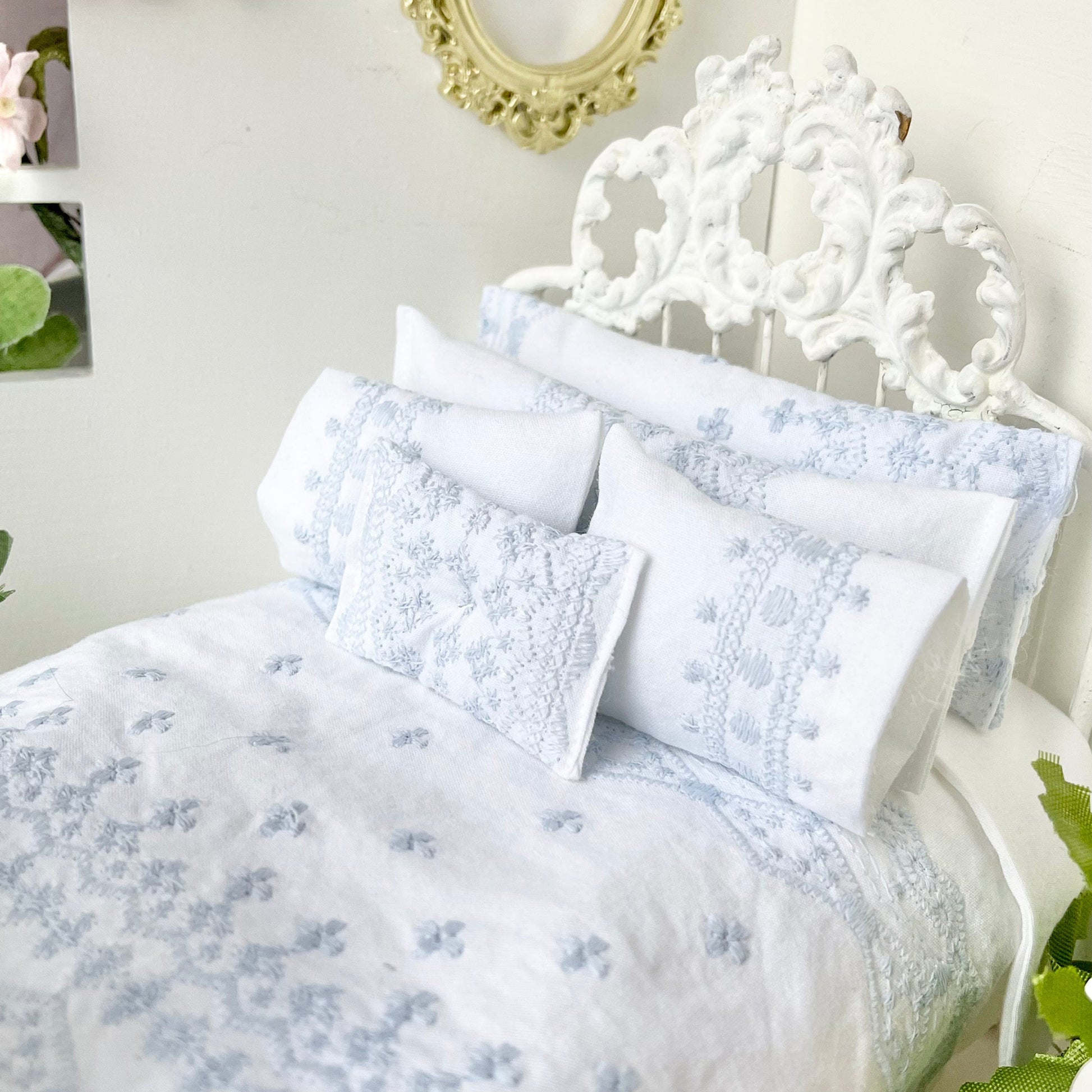 Chantallena Shabby Bed Linens Double Bedding Set Shabby Cottage- Six Piece Shabby Pale Blue Embroidered Bedding Set