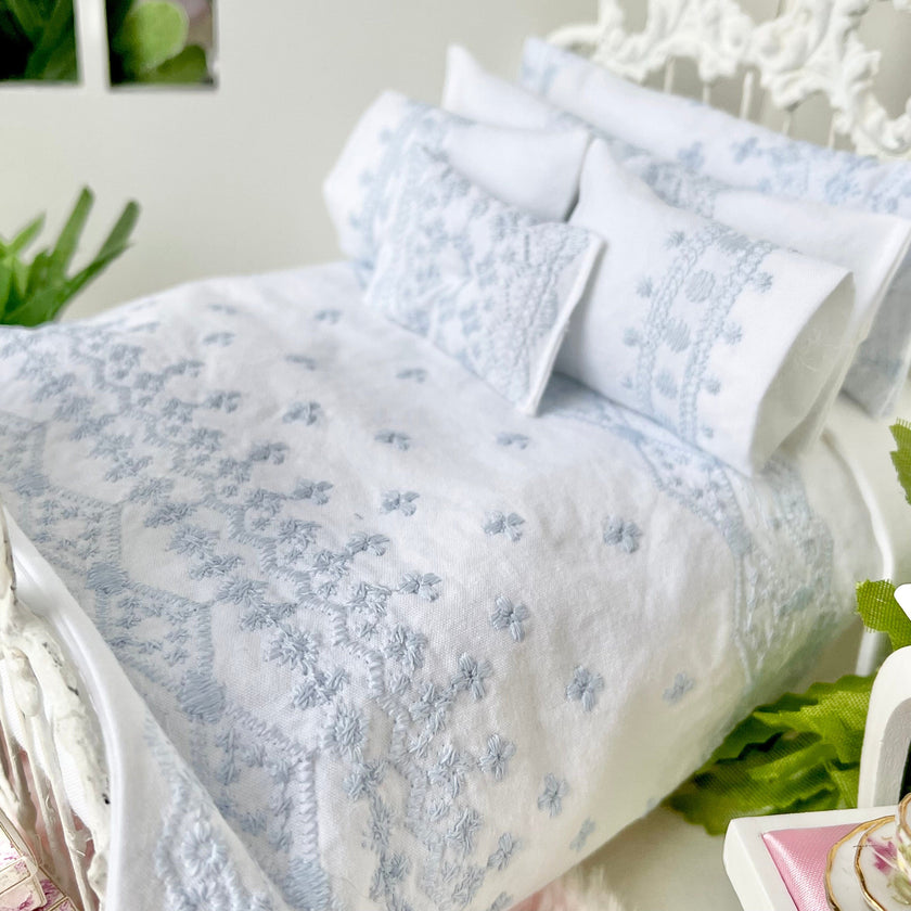 Chantallena Shabby Bed Linens Shabby Cottage- Six Piece Shabby Pale Blue Embroidered Bedding Set
