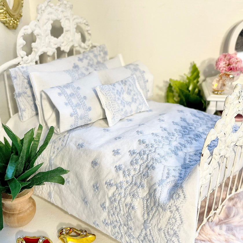 Chantallena Shabby Bed Linens Shabby Cottage- Six Piece Shabby Pale Blue Embroidered Bedding Set
