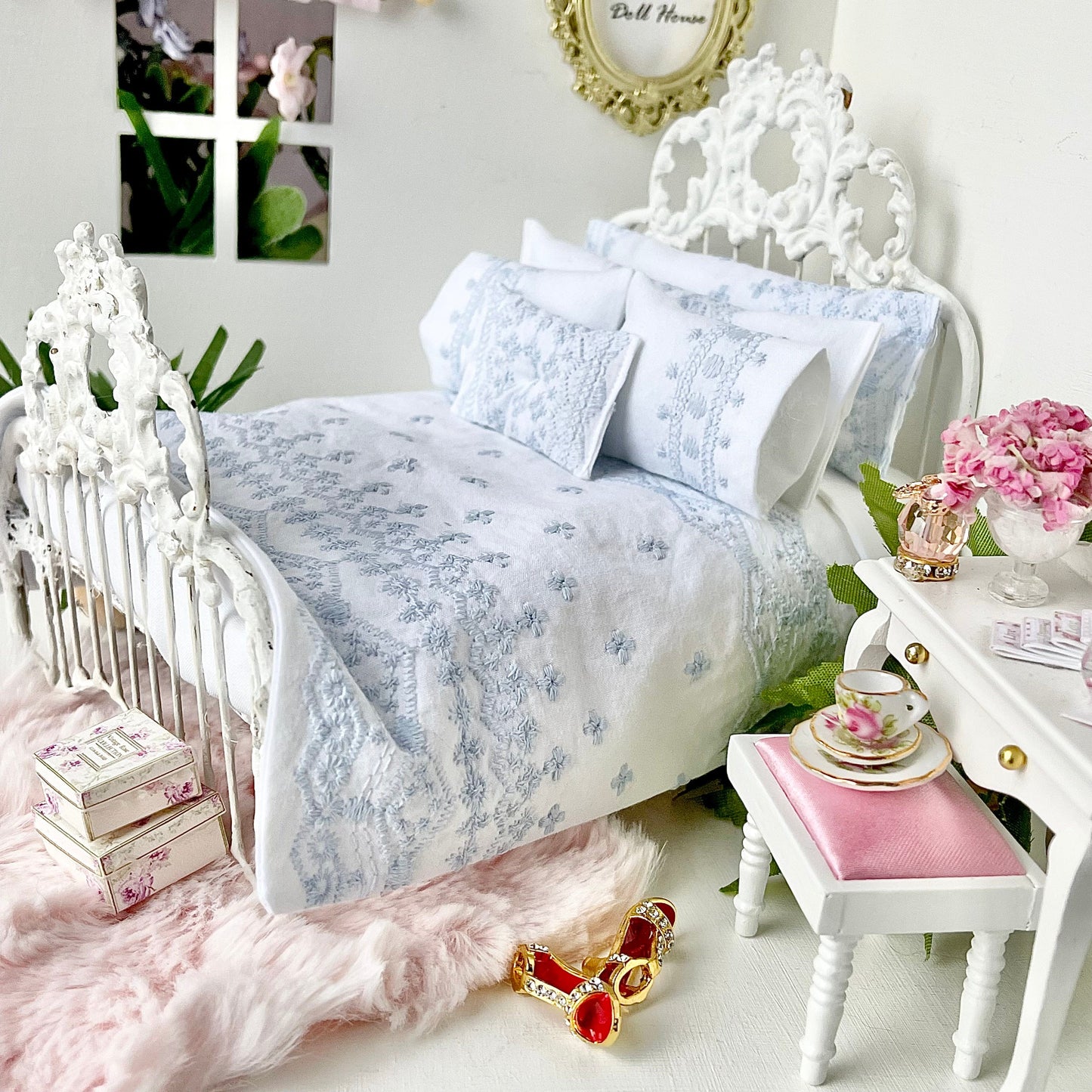 Chantallena Shabby Bed Linens Shabby Cottage- Six Piece Shabby Pale Blue Embroidered Bedding Set
