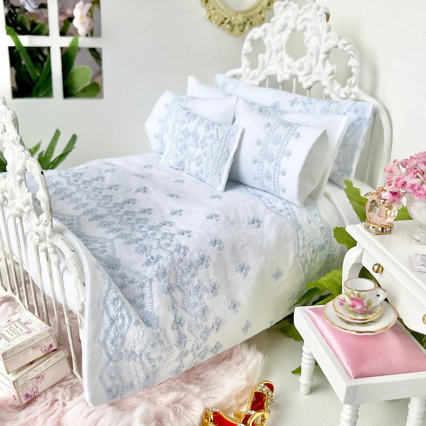 Chantallena Shabby Bed Linens Shabby Cottage- Six Piece Shabby Pale Blue Embroidered Bedding Set