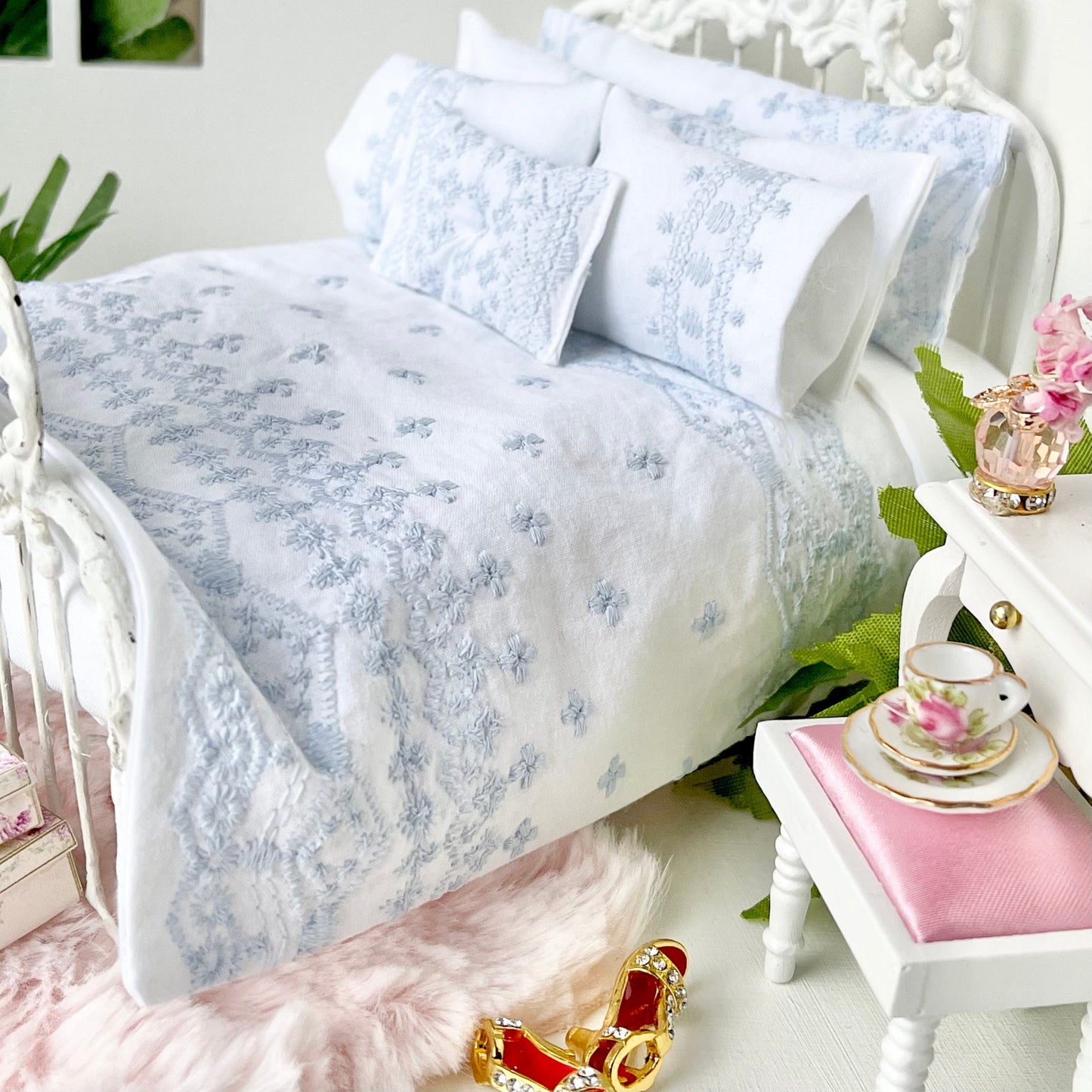 Chantallena Shabby Bed Linens Shabby Cottage- Six Piece Shabby Pale Blue Embroidered Bedding Set