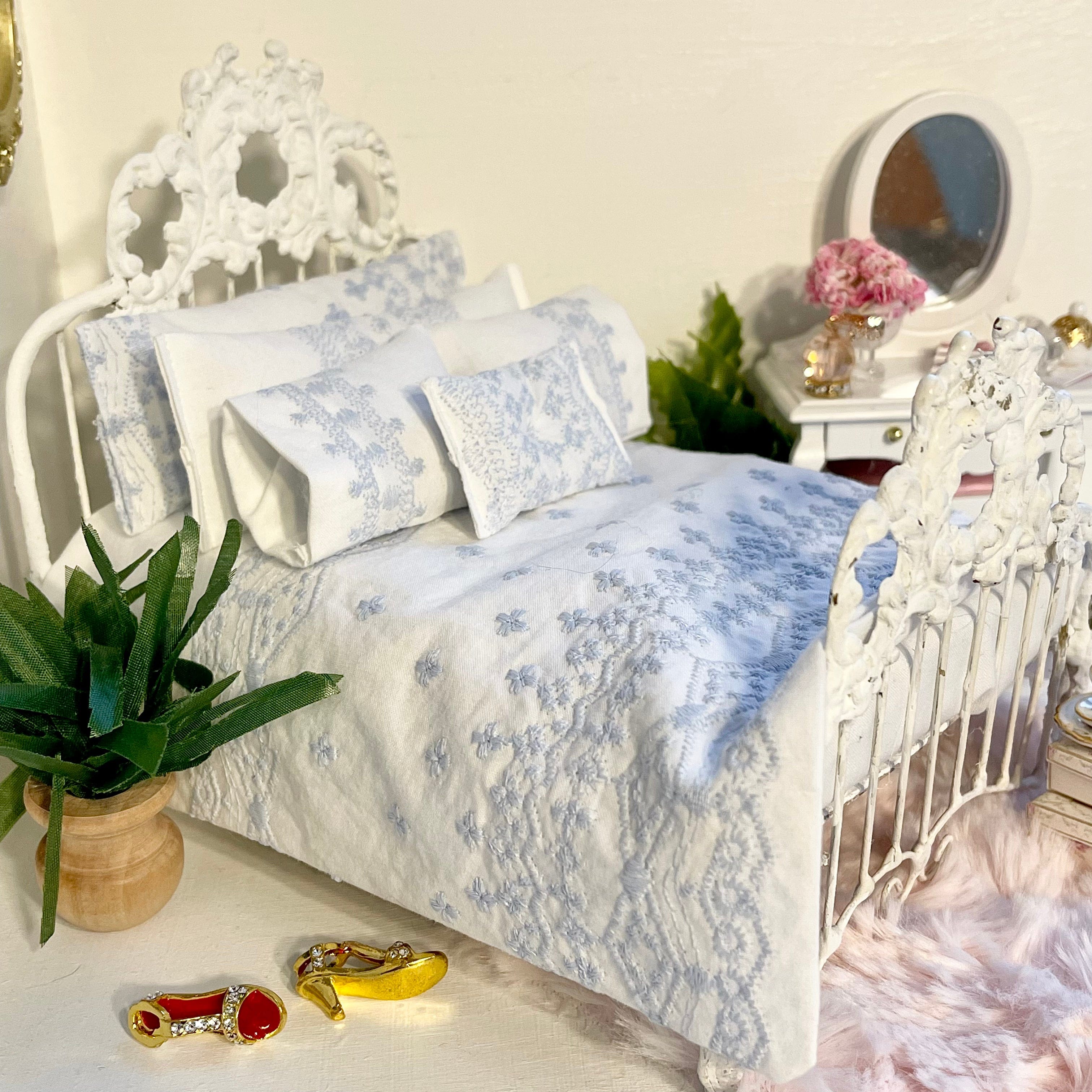 Chantallena Shabby Bed Linens Shabby Cottage- Six Piece Shabby Pale Blue Embroidered Bedding Set