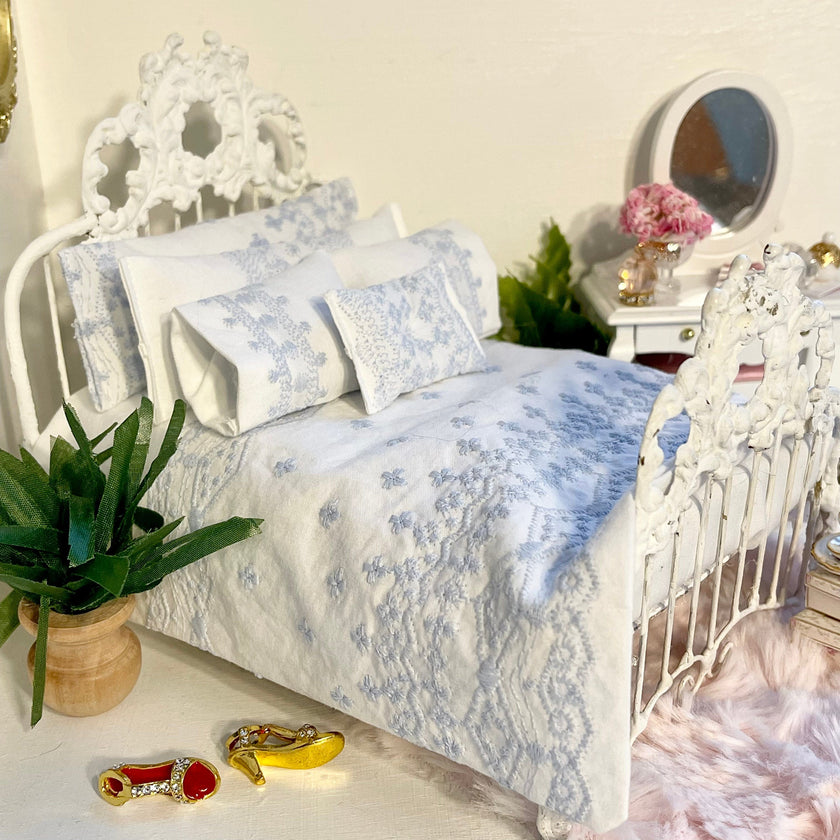 Chantallena Shabby Bed Linens Shabby Cottage- Six Piece Shabby Pale Blue Embroidered Bedding Set