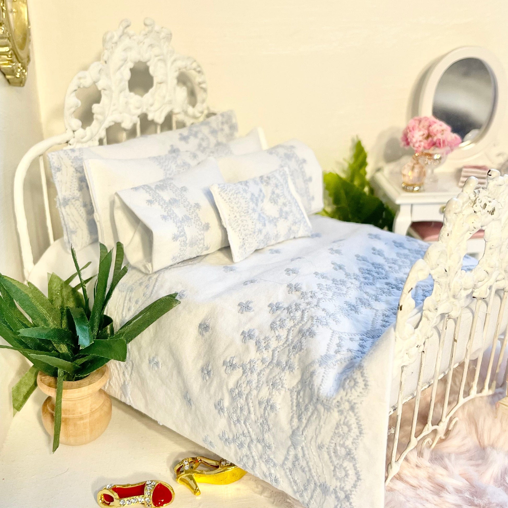 Chantallena Shabby Bed Linens Single Bedding Set Shabby Cottage- Six Piece Shabby Pale Blue Embroidered Bedding Set