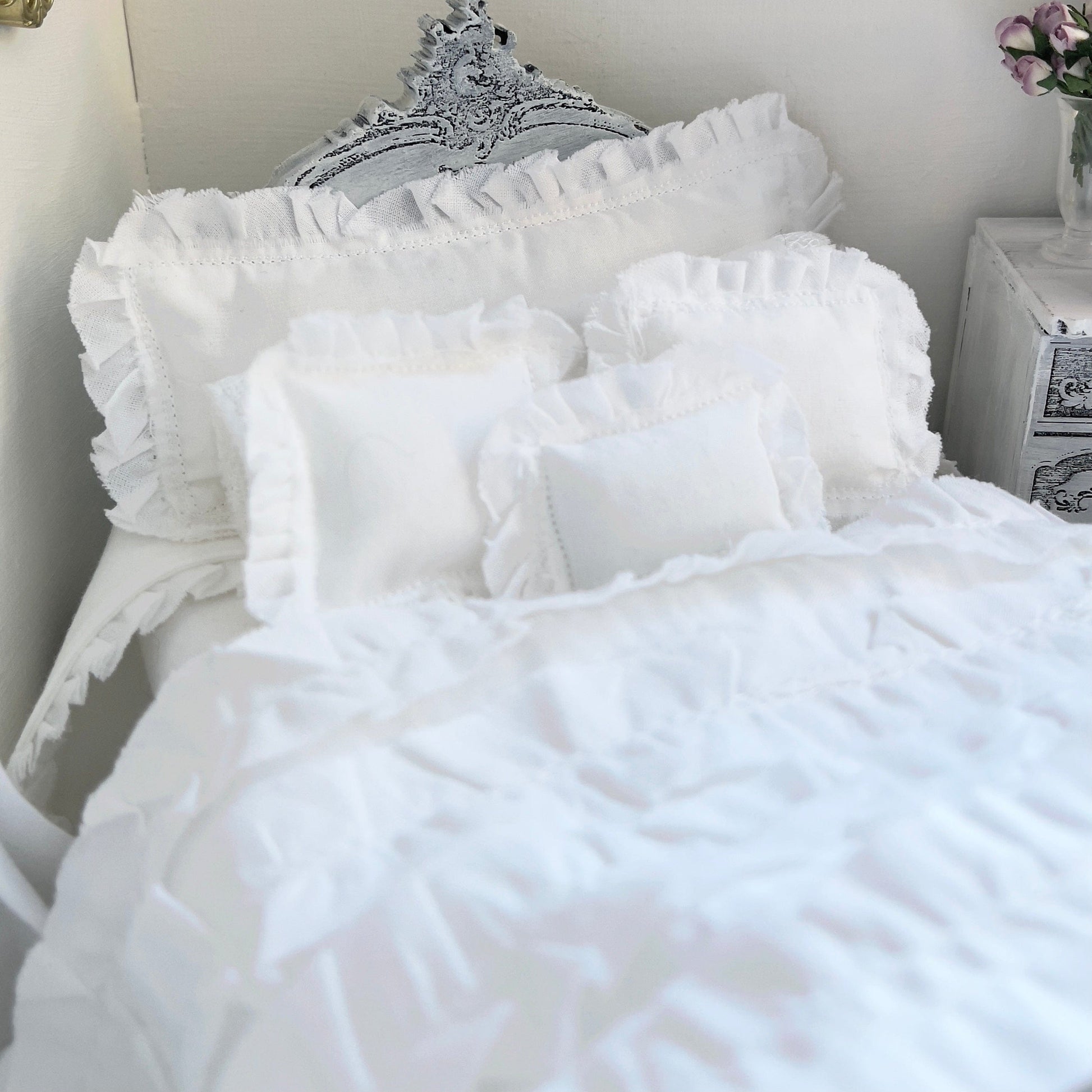 Chantallena White Bed Linens Boundless White | Eight Piece White Cotton with White Ruffles and Pintucks Bedding Set | Ciara
