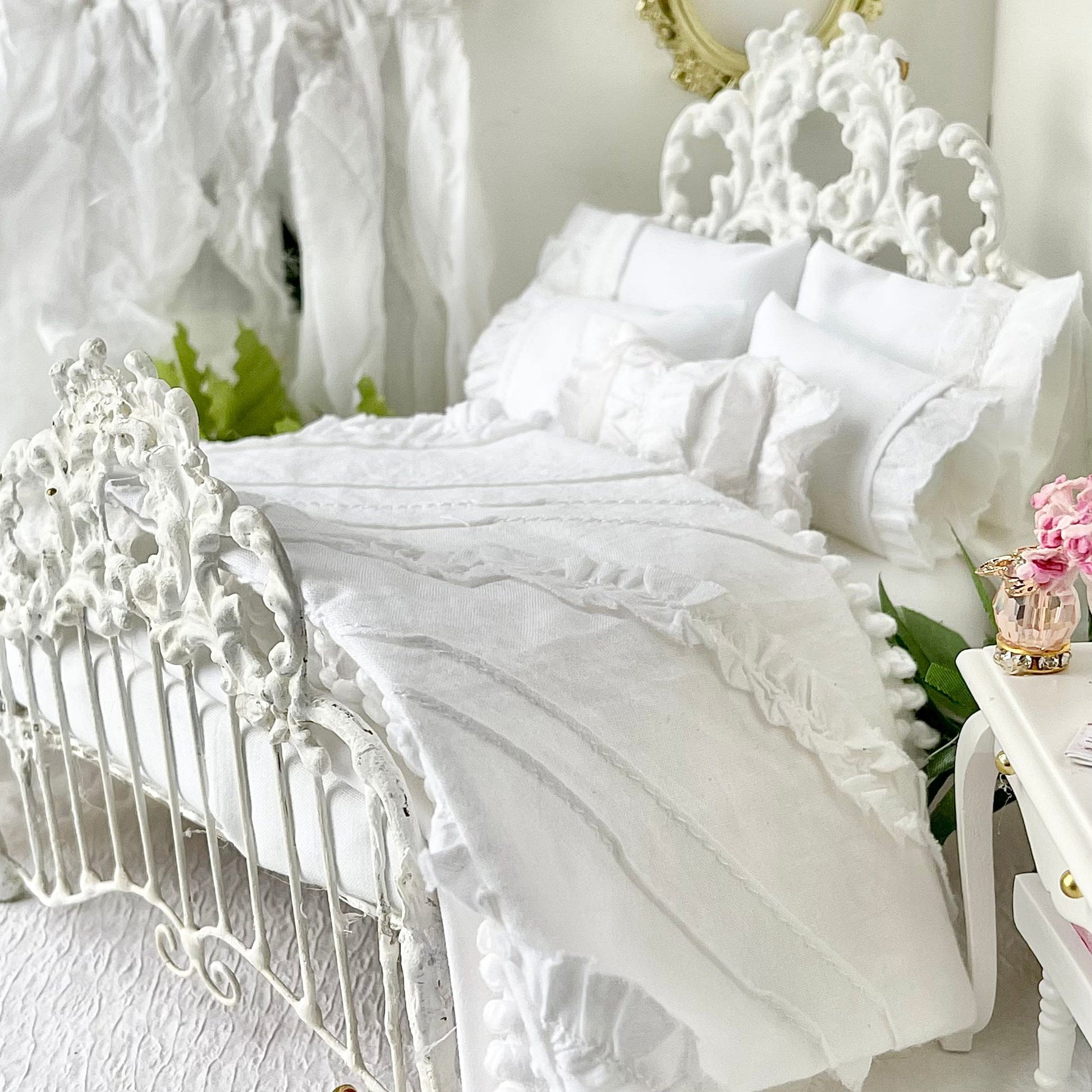 Chantallena White Bed Linens Boundless White | Eight Piece White Cotton with White Ruffles and Pintucks Bedding Set | Ciara