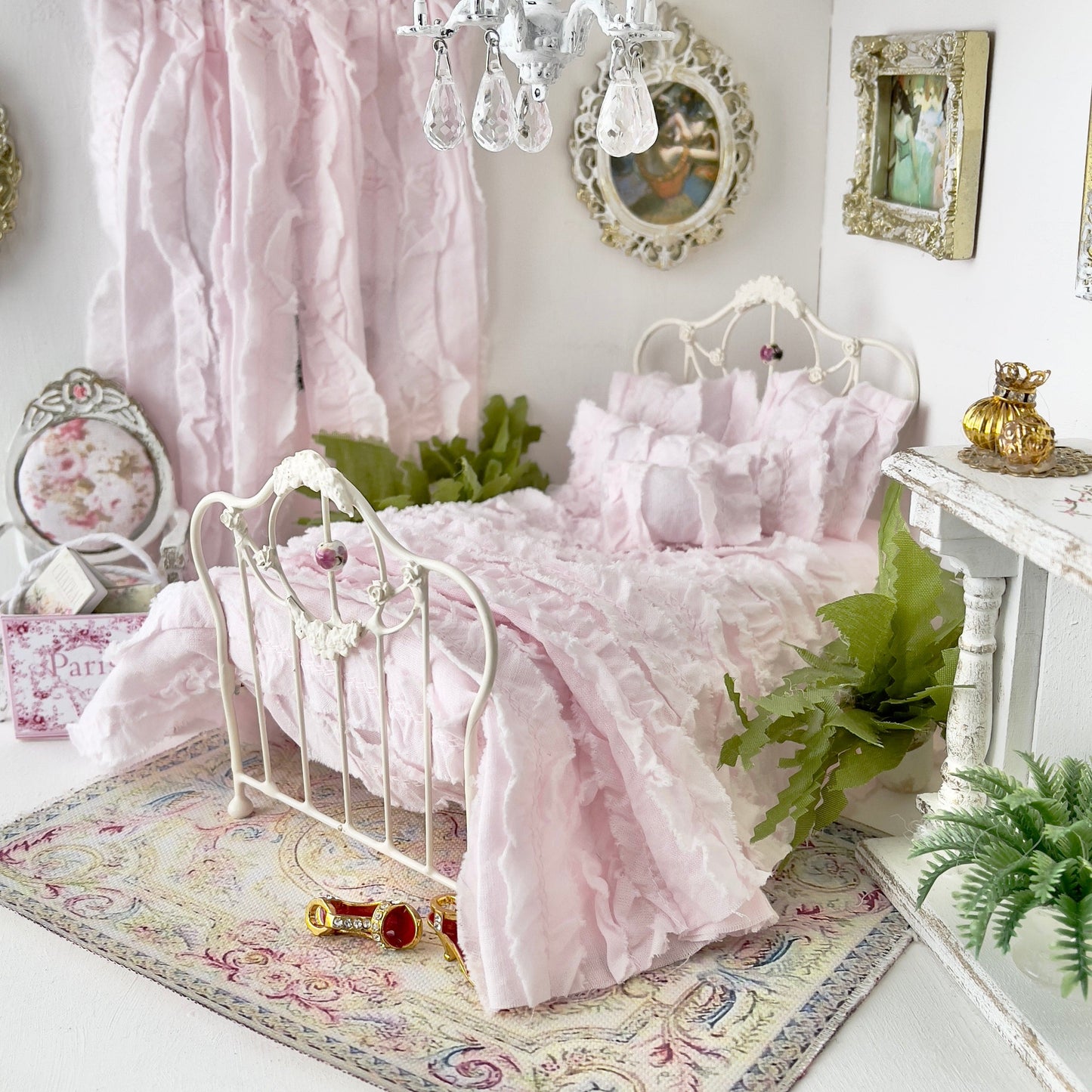 Chantallena White Bed Linens double (10 inch by 9 inch) Tattered Romance |  Pink Cotton Lawn Distressed Ruffles Set | Emma